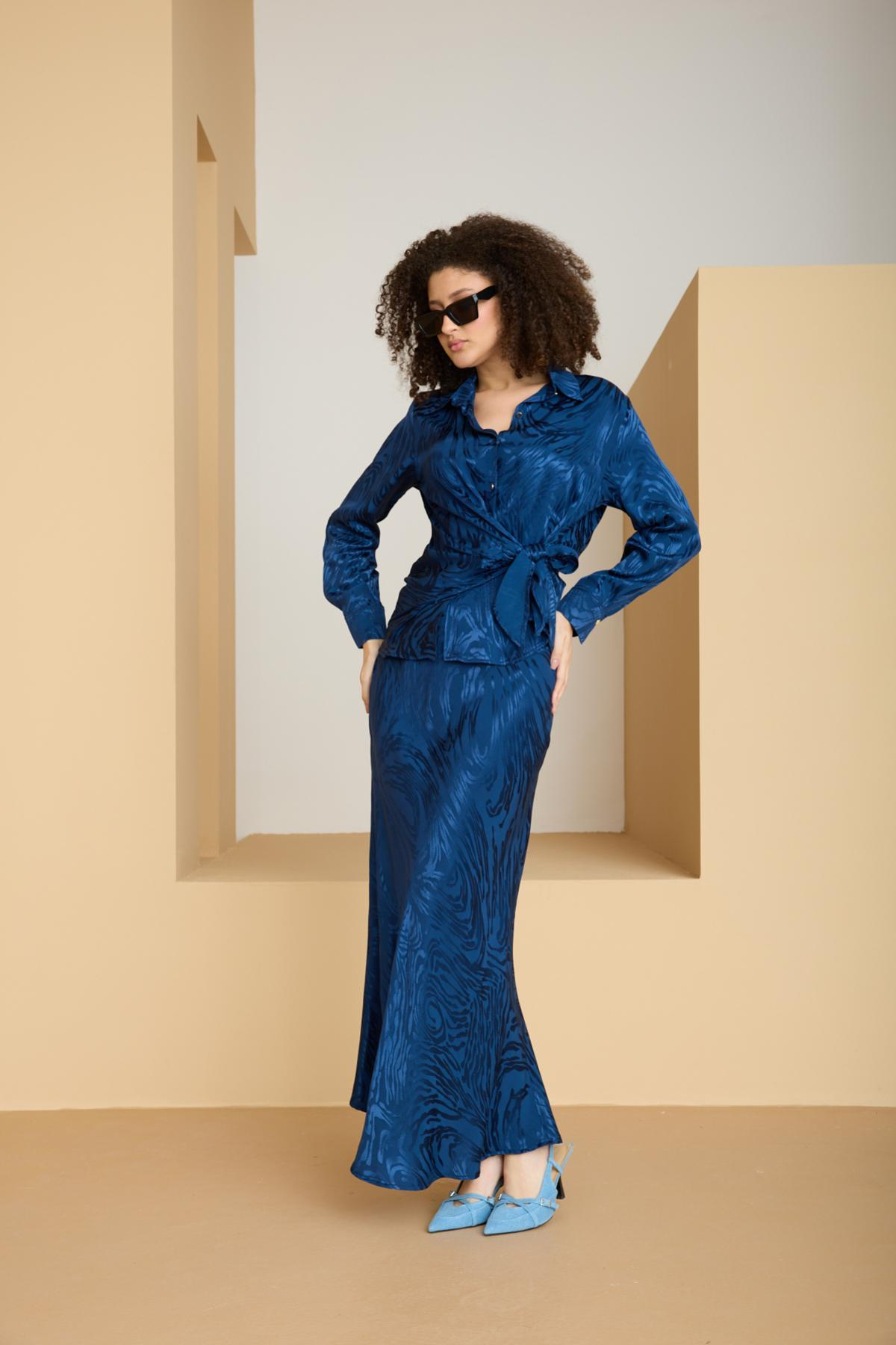 Wholesale Women Sax Blue Satin Jacquard Suit - Shirt with Gathered Front and Flared Skirt Set 729176