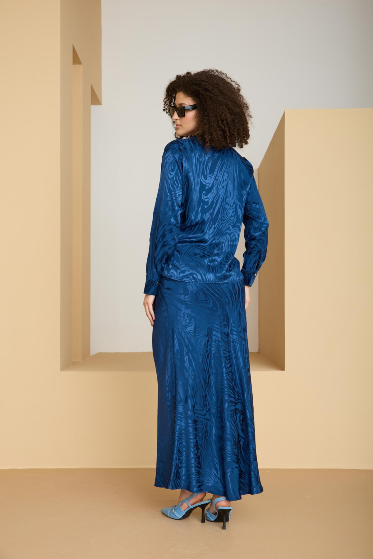 Wholesale Women Sax Blue Satin Jacquard Suit - Shirt with Gathered Front and Flared Skirt Set 729176