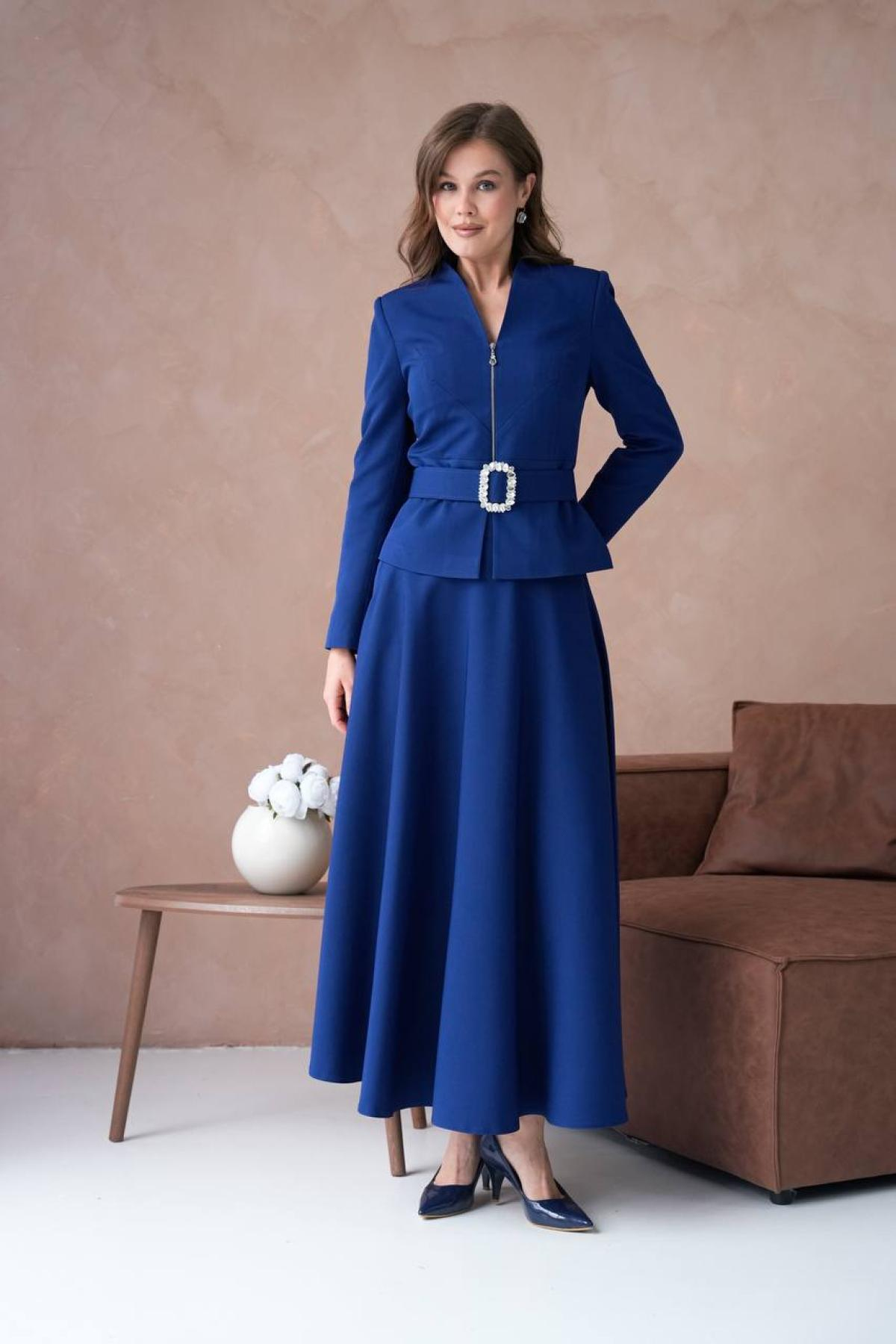 Wholesale Women Sax Blue Two Piece Suit - Blazer and Skirt Set 721243