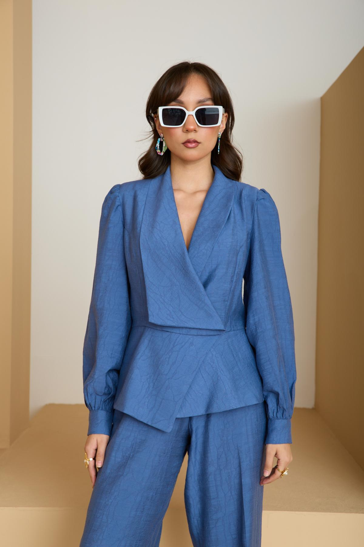 Wholesale Women Sax Blue Two Piece Suit - Wrap Blazer with Bishop Sleeves and Wide-Leg Pants Set 729229