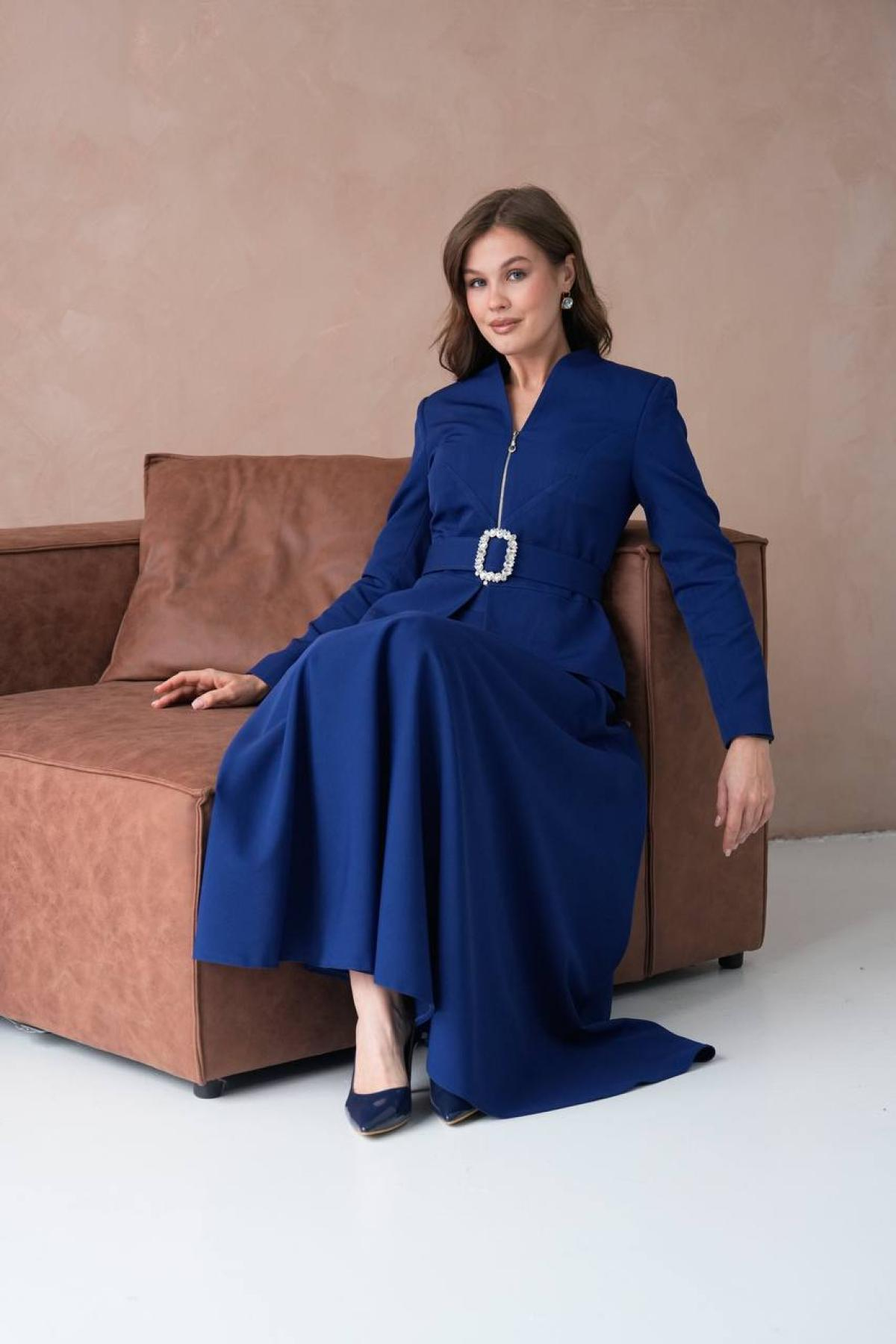 Wholesale Women Sax Blue Two Piece Suit Plus Size - Blazer and Skirt Set 721248