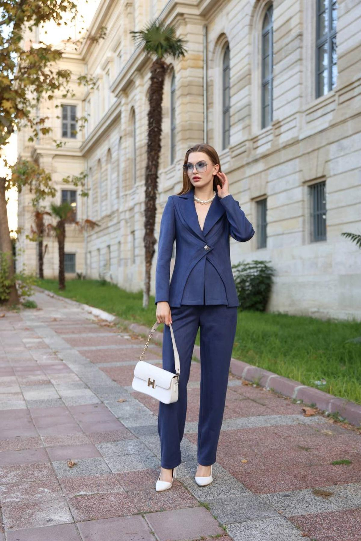 Wholesale Women Sax Blue Two Piece Suit Blazer and Pants Set 718280