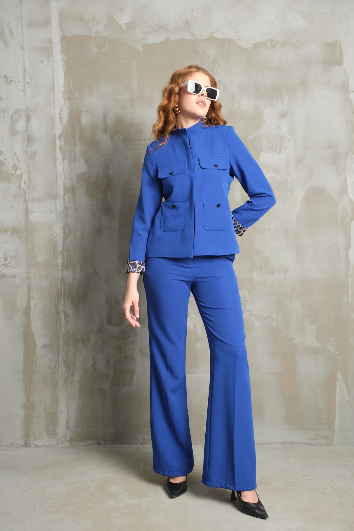 Wholesale Women Sax Blue Two Piece Suits Blazer and Pants Set 710611