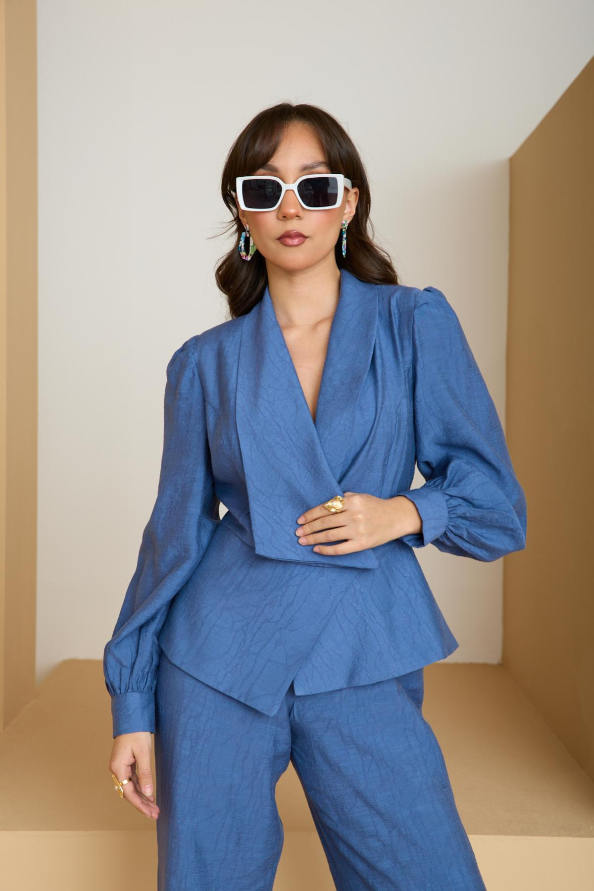 Wholesale Women Sax Blue Two Piece Suit - Wrap Blazer with Bishop Sleeves and Wide-Leg Pants Set 729229