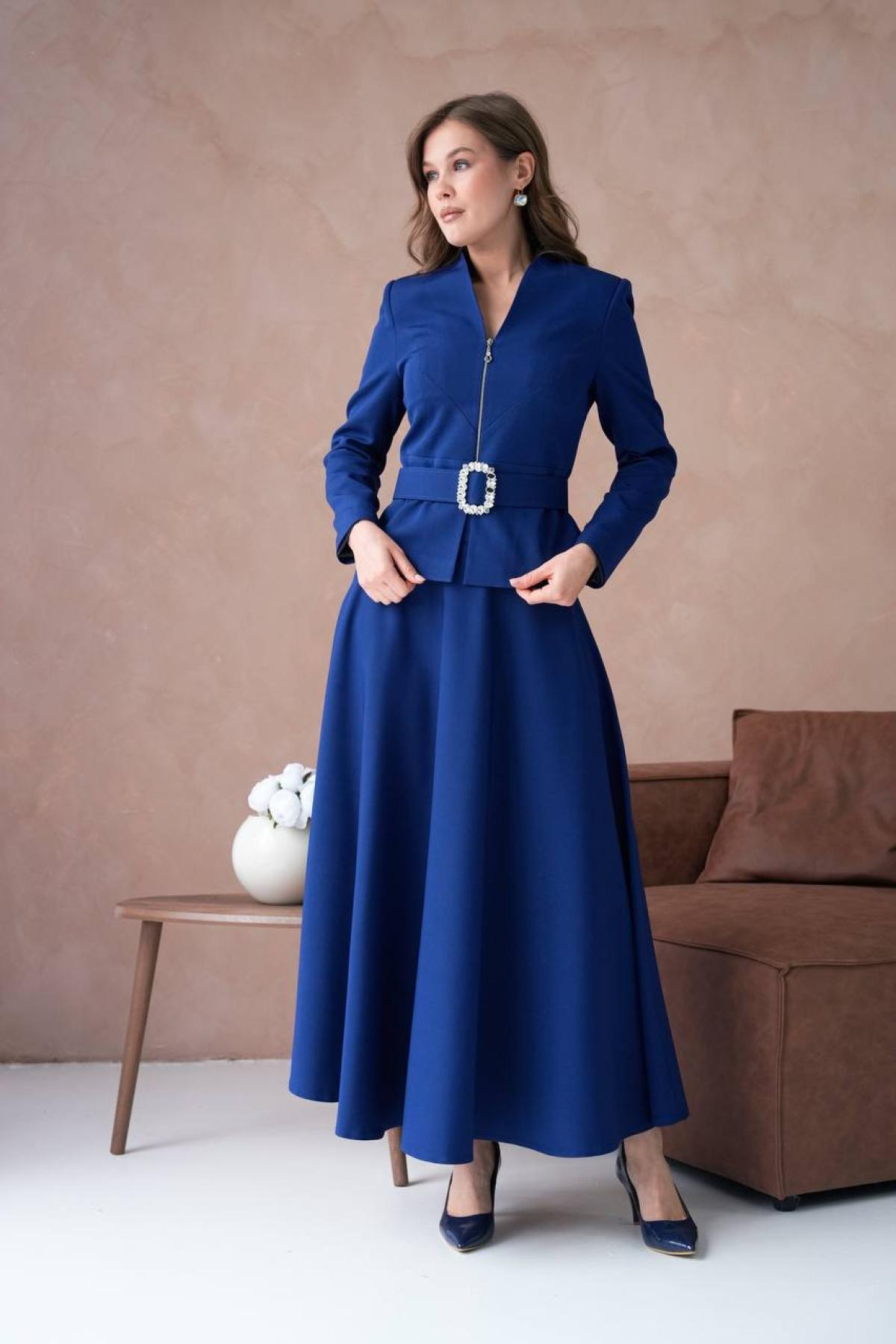 Wholesale Women Sax Blue Two Piece Suit Plus Size - Blazer and Skirt Set 721248