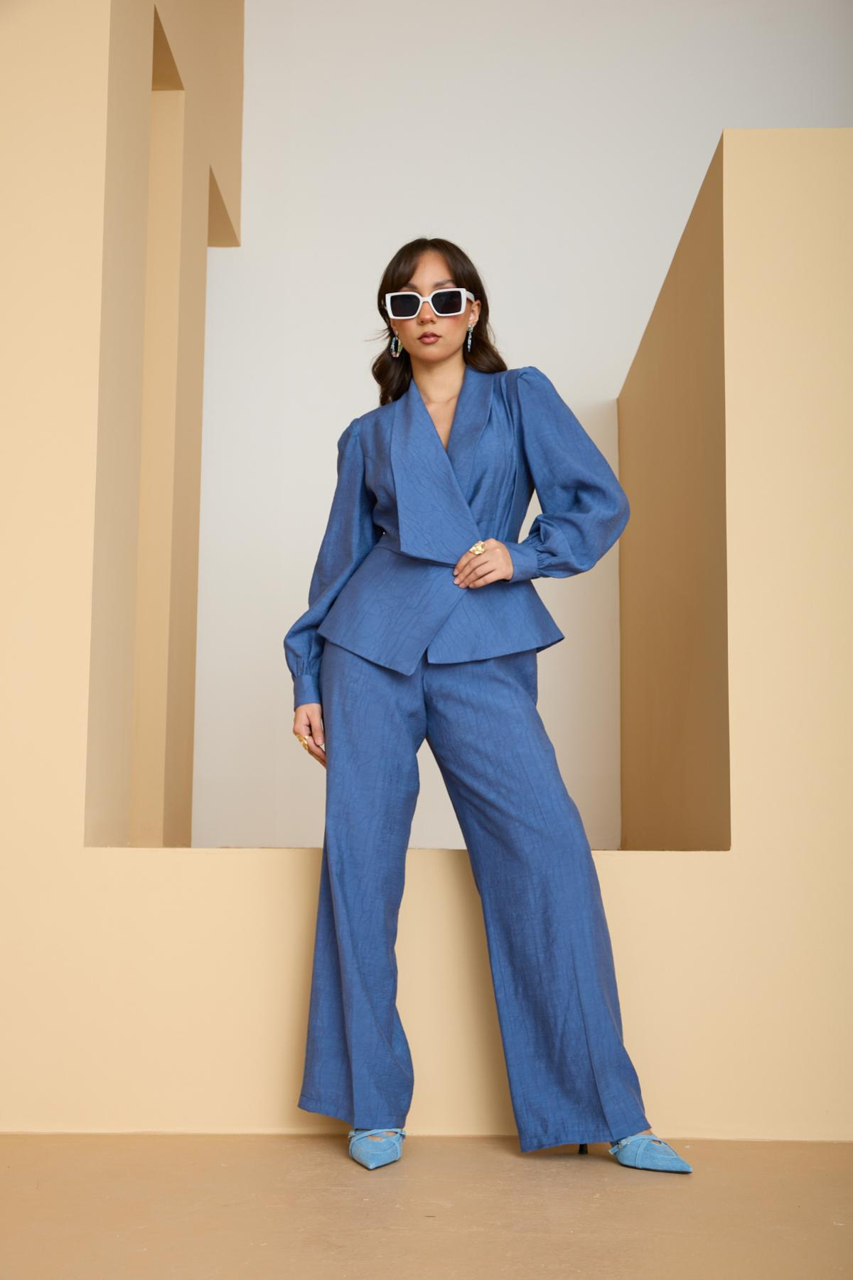 Wholesale Women Sax Blue Two Piece Suit - Wrap Blazer with Bishop Sleeves and Wide-Leg Pants Set 729229