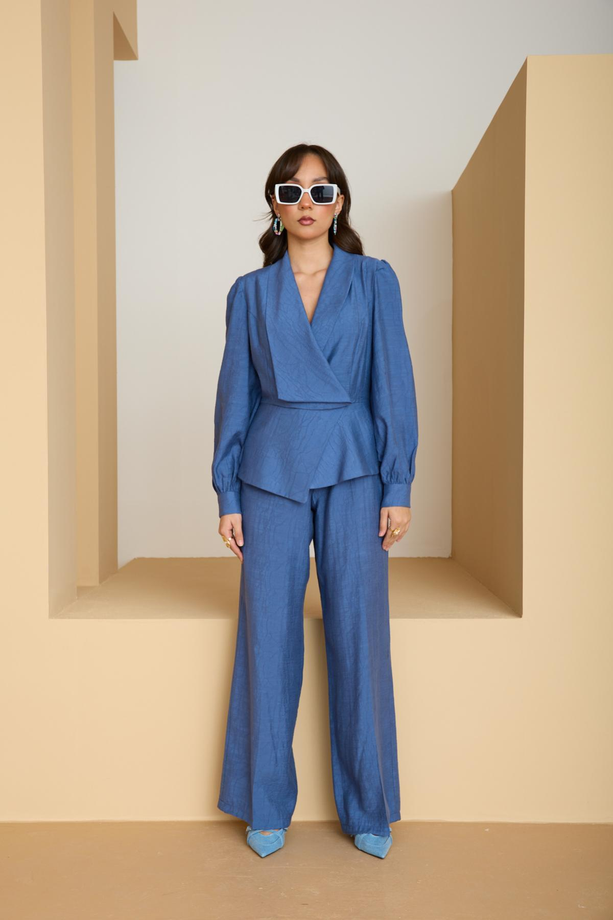 Wholesale Women Sax Blue Two Piece Suit - Wrap Blazer with Bishop Sleeves and Wide-Leg Pants Set 729229