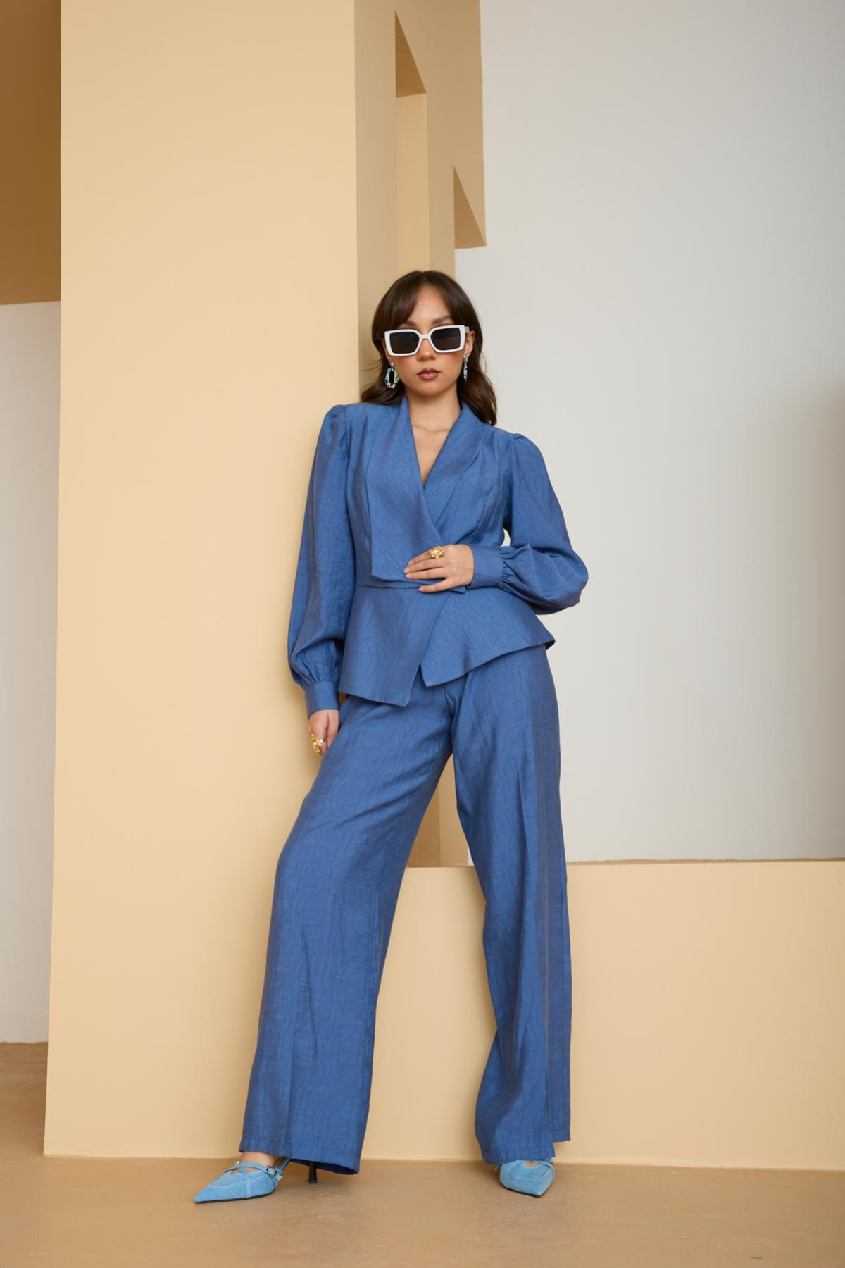 Wholesale Women Sax Blue Two Piece Suit - Wrap Blazer with Bishop Sleeves and Wide-Leg Pants Set 729229