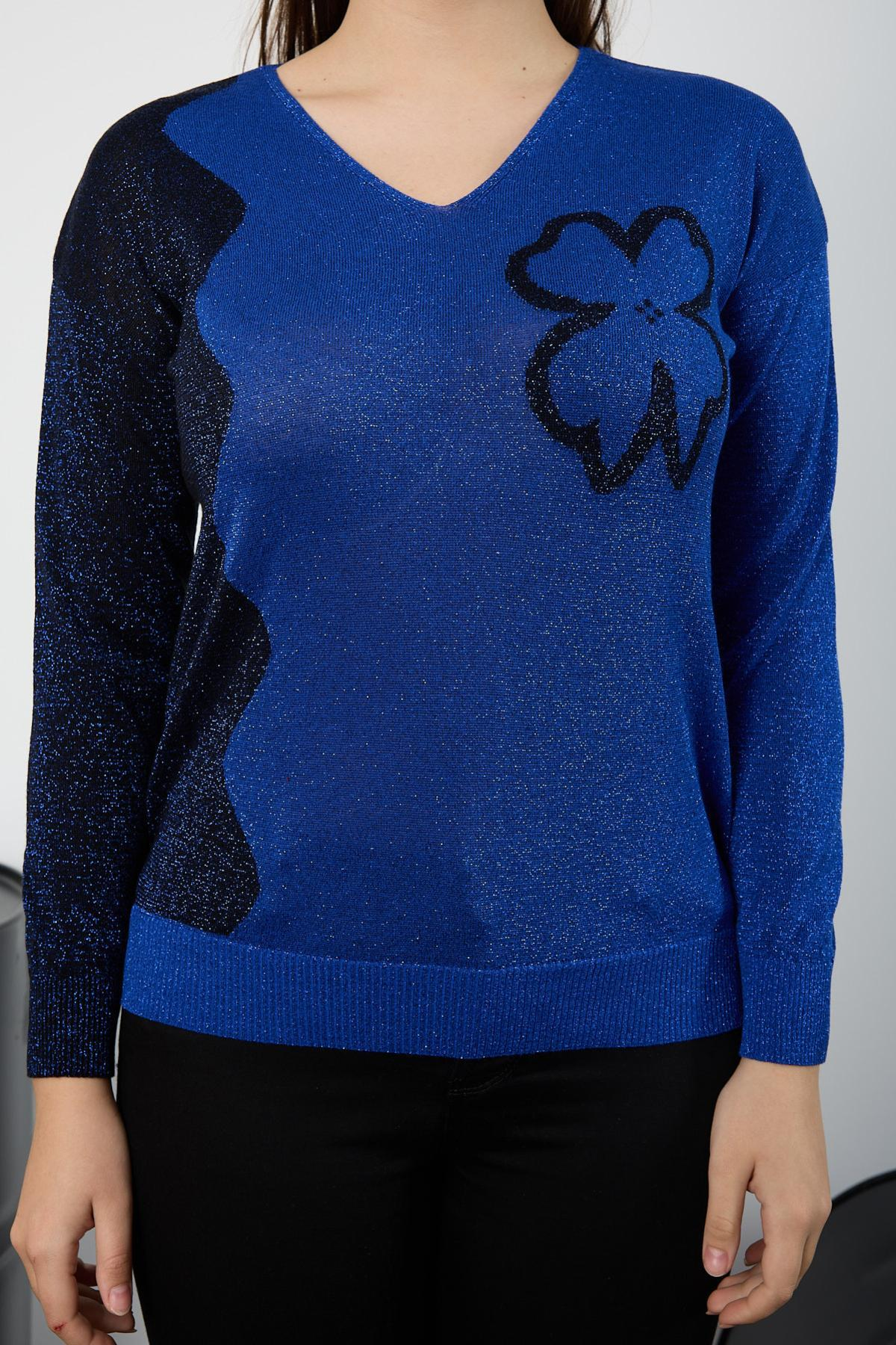 Wholesale Women Sax Blue Two Tone Glittery V-Neck Knit Blouse 725236