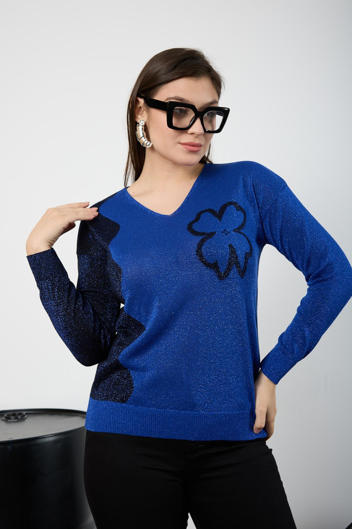 Wholesale Women Sax Blue Two Tone Glittery V-Neck Knit Blouse 725236
