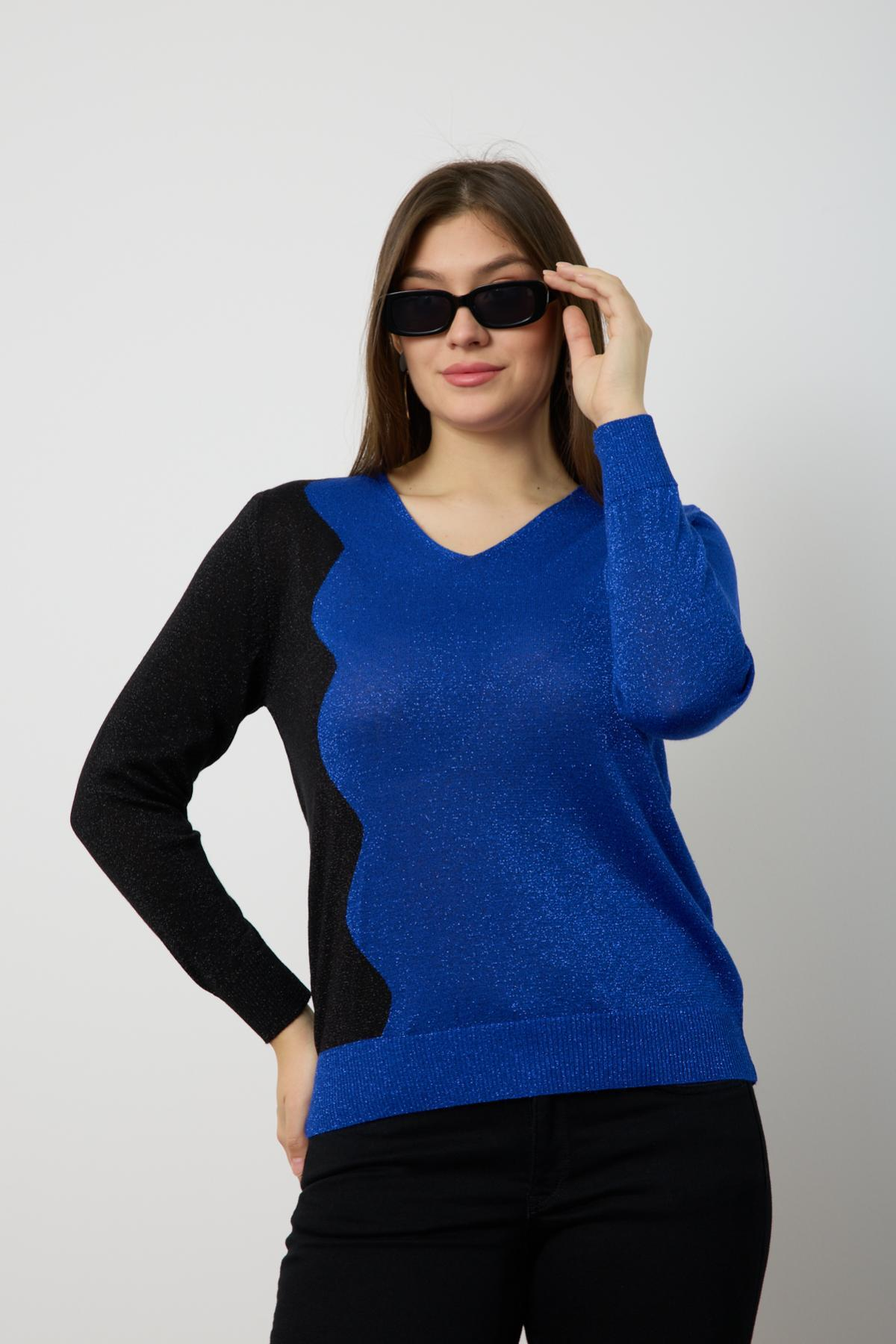 Wholesale Women Sax Two Tone Glittery V-Neck Knit Blouse 724837