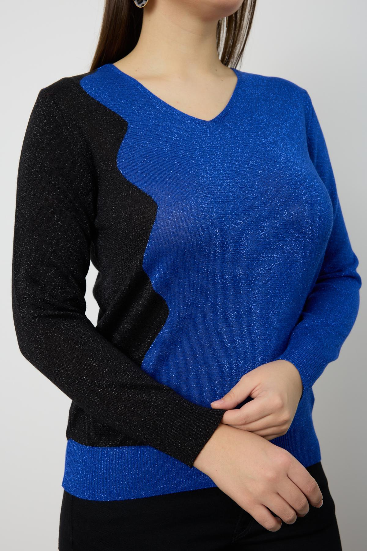 Wholesale Women Sax Two Tone Glittery V-Neck Knit Blouse 724837
