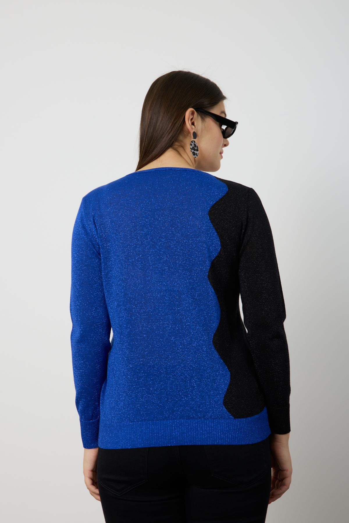 Wholesale Women Sax Two Tone Glittery V-Neck Knit Blouse 724837