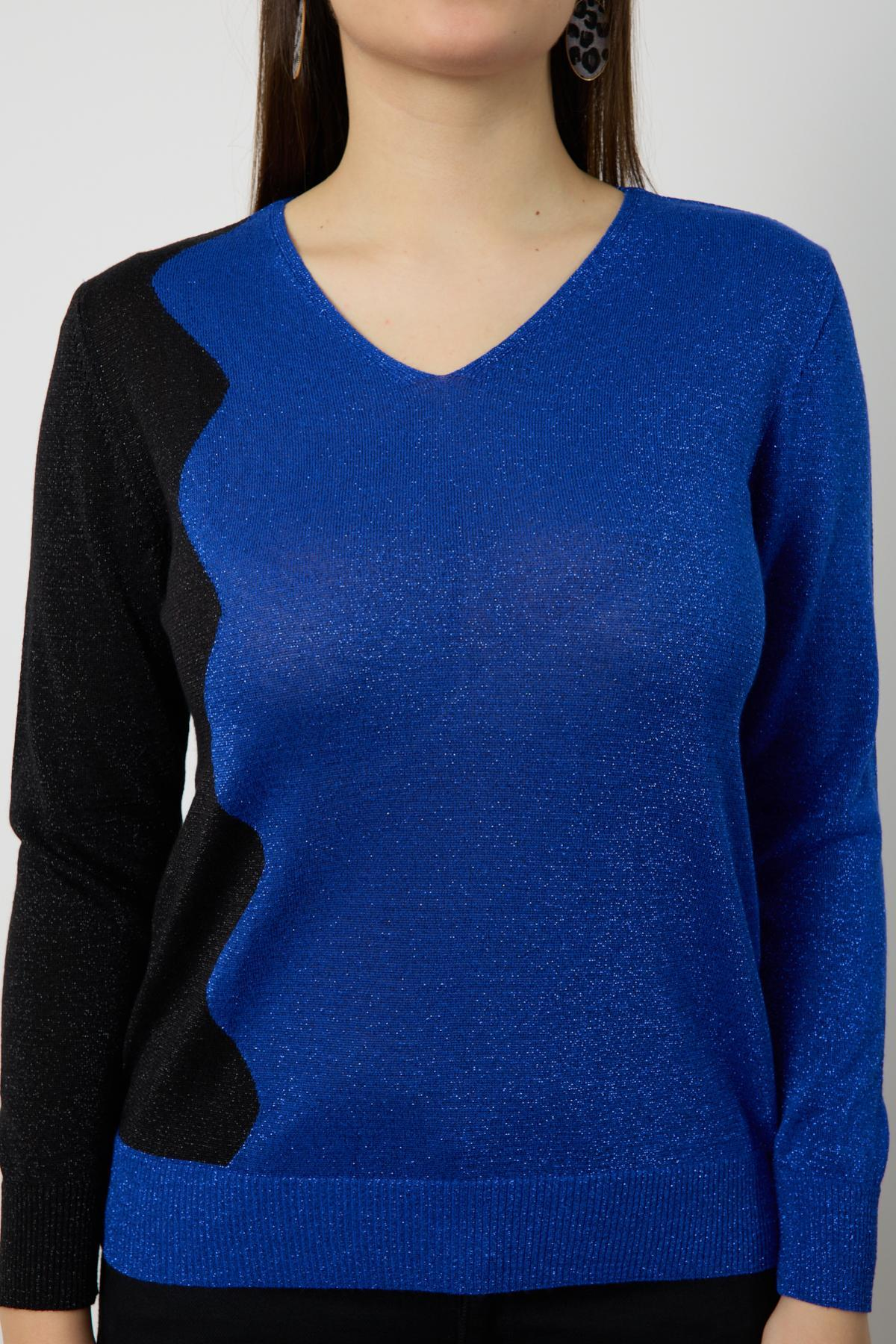 Wholesale Women Sax Two Tone Glittery V-Neck Knit Blouse 724837