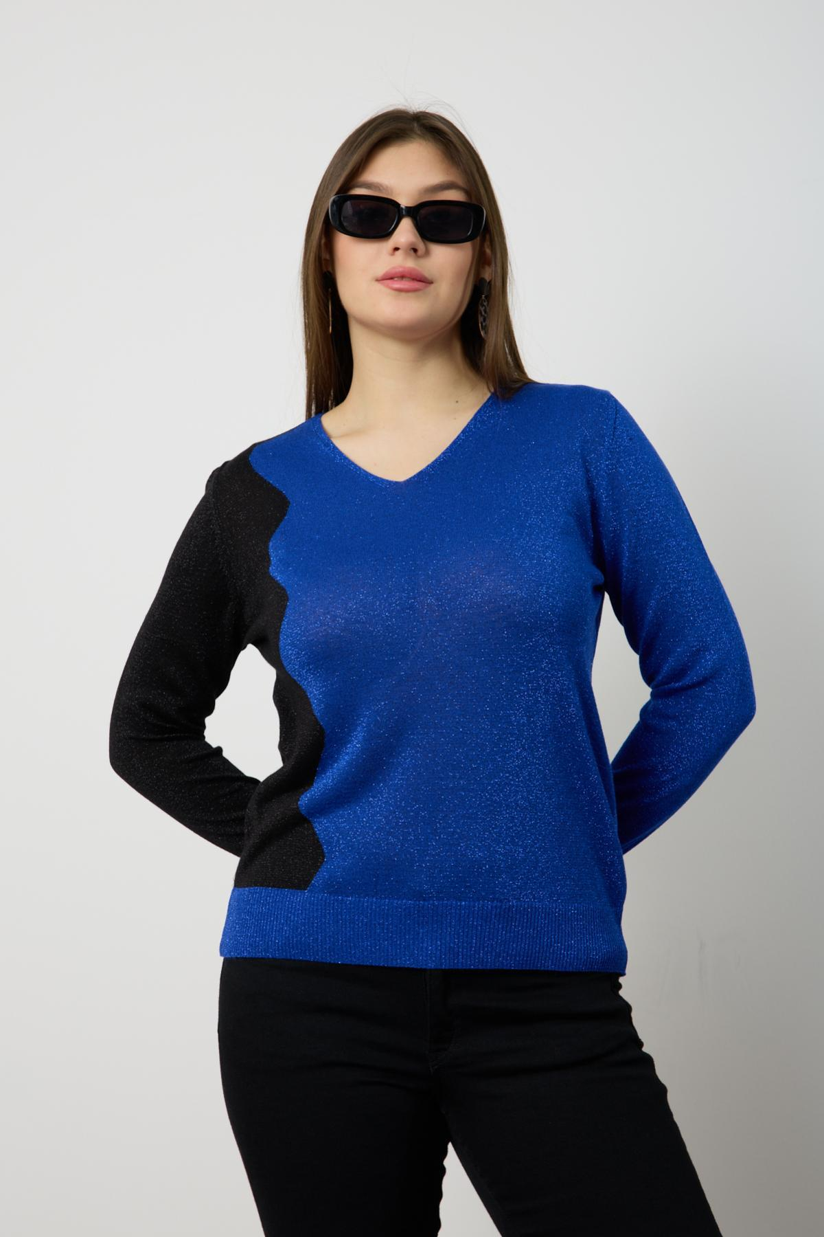 Wholesale Women Sax Two Tone Glittery V-Neck Knit Blouse 724837