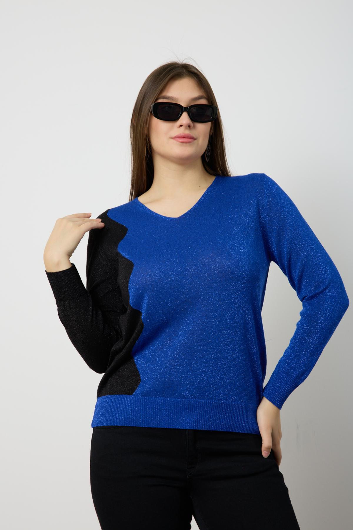 Wholesale Women Sax Two Tone Glittery V-Neck Knit Blouse 724837