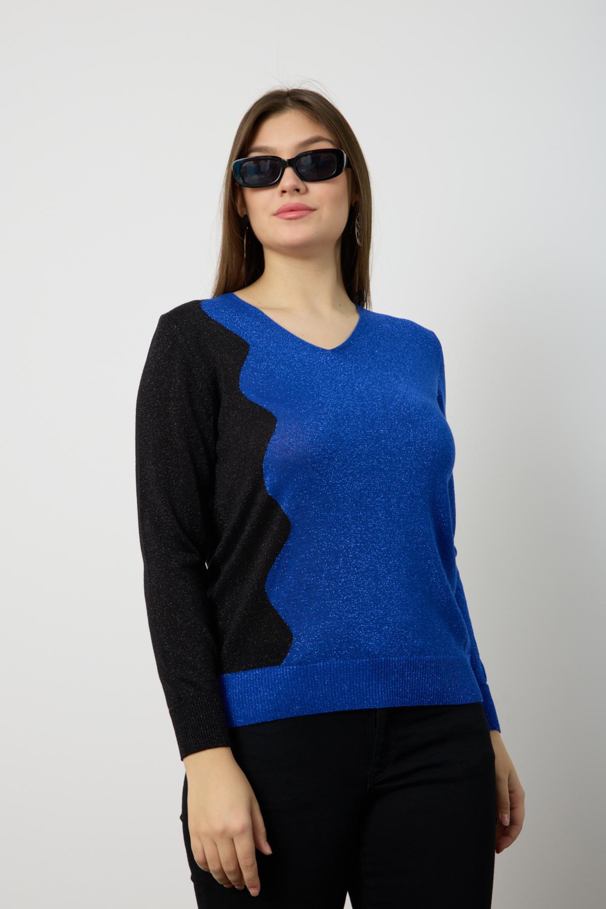Wholesale Women Sax Two Tone Glittery V-Neck Knit Blouse 724837