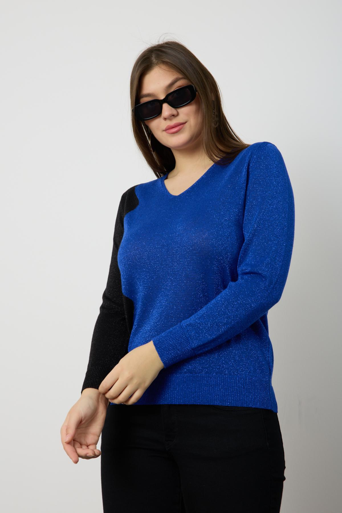 Wholesale Women Sax Two Tone Glittery V-Neck Knit Blouse 724837