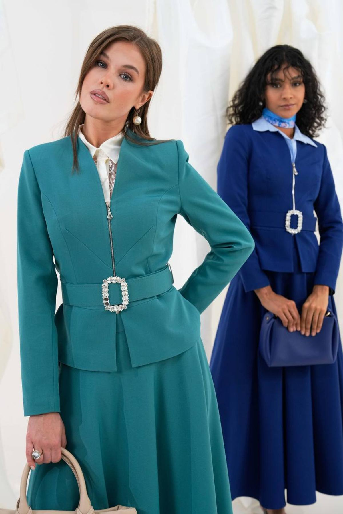 Wholesale Women Sea Green Two Piece Suit Plus Size - Blazer and Skirt Set 721249
