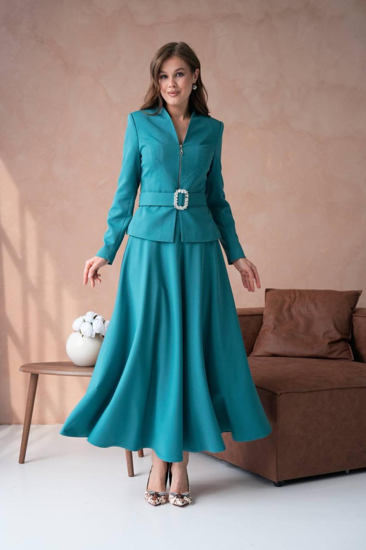 Wholesale Women Sea Green Two Piece Suit - Blazer and Skirt Set 721244