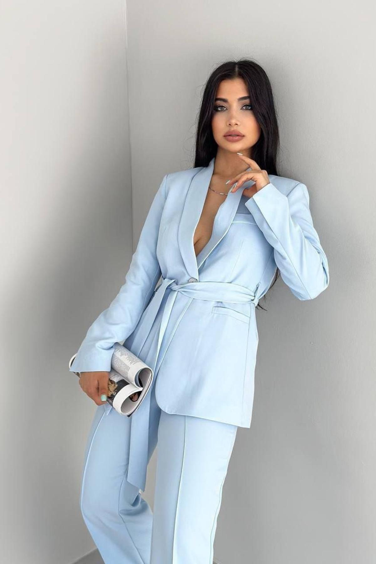 Wholesale Women Sky Blue Blazer and Pants Set 737277