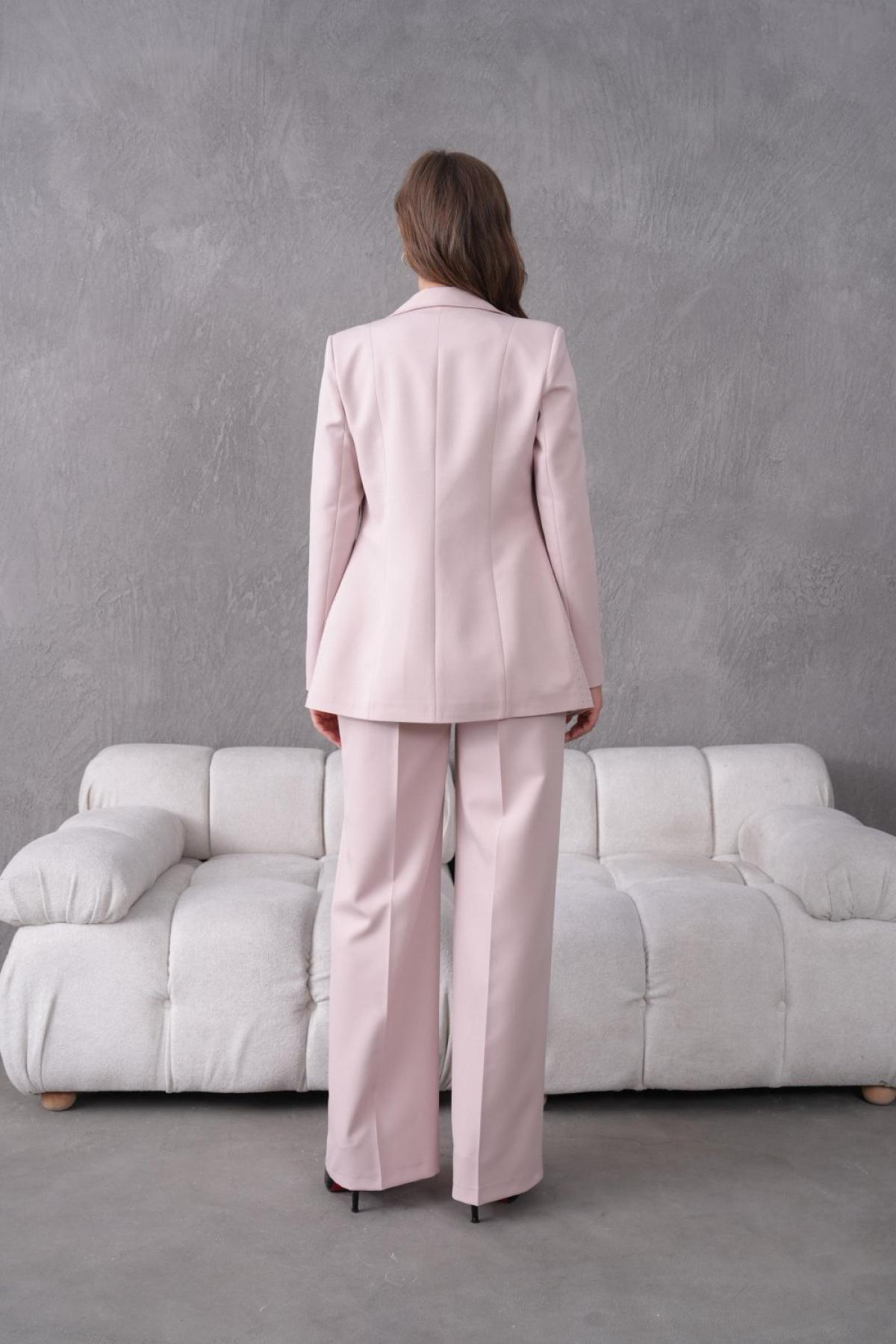 Wholesale Women Small Sizes Beige Rhinestone Embroidered Two Piece Suit  Blazer and Pants Set 737178