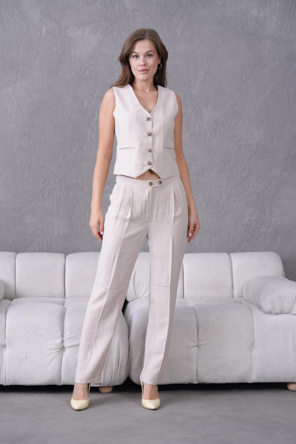 Wholesale Women Small Sizes Beige Two Piece Suit  Vest and Pants Set 737213