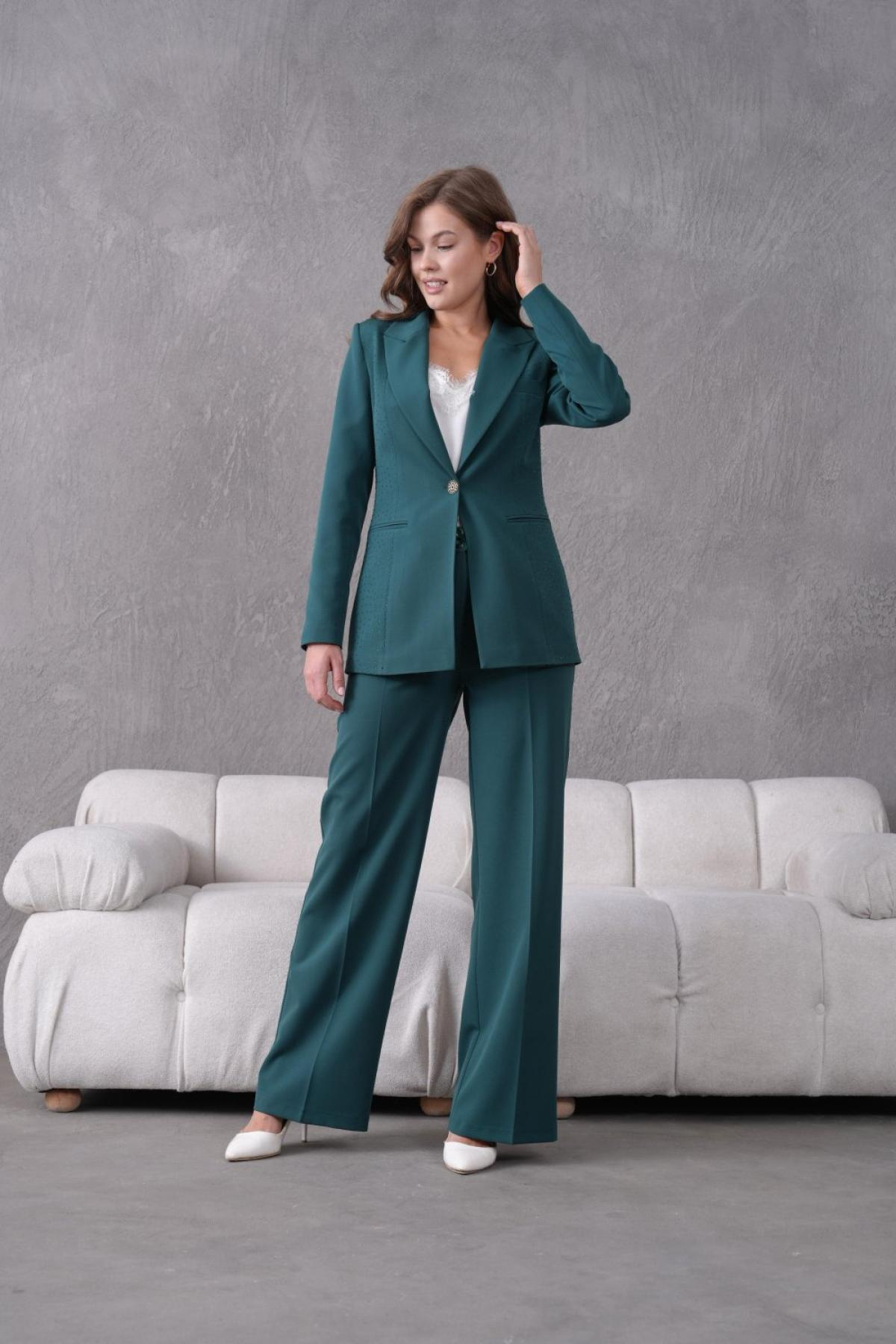 Wholesale Women Small Sizes Dark Green Rhinestone Embroidered Two Piece Suit  Blazer and Pants Set 737175