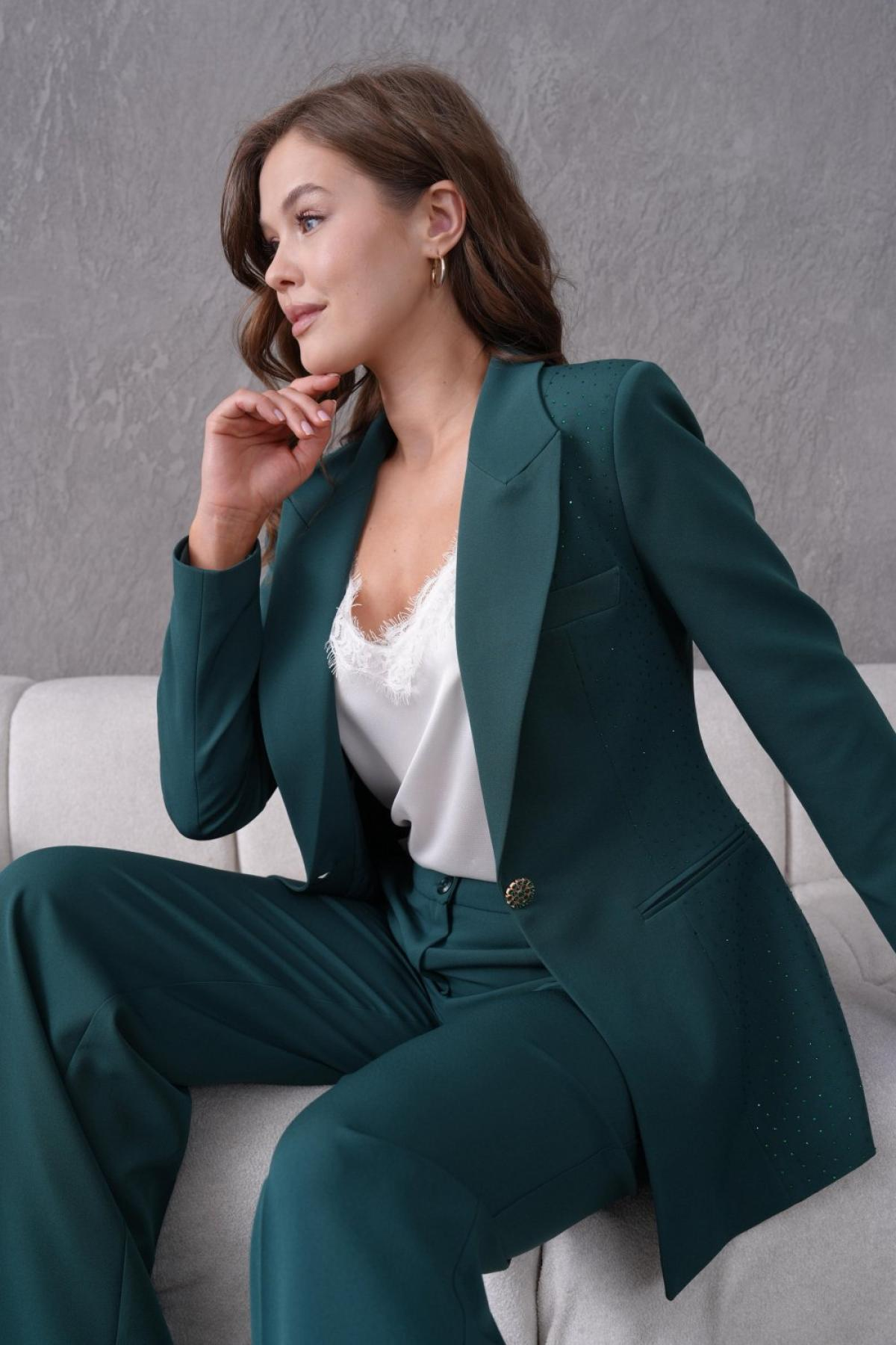 Wholesale Women Small Sizes Dark Green Rhinestone Embroidered Two Piece Suit  Blazer and Pants Set 737175