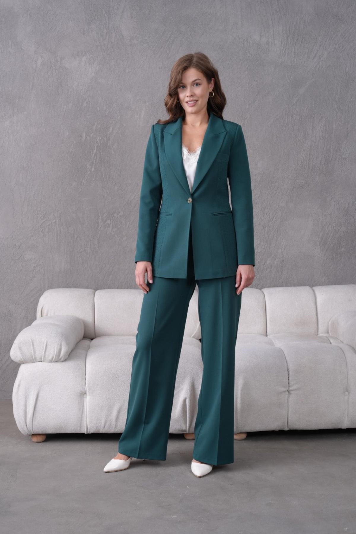 Wholesale Women Small Sizes Dark Green Rhinestone Embroidered Two Piece Suit  Blazer and Pants Set 737175