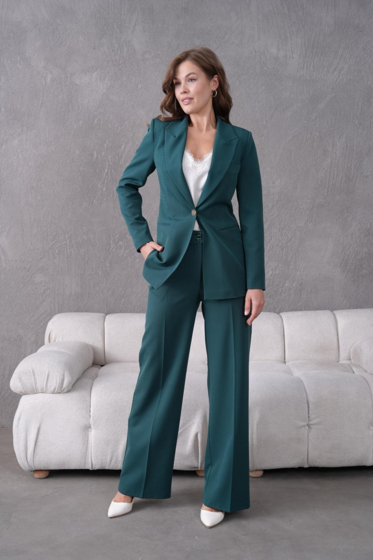 Wholesale Women Small Sizes Dark Green Rhinestone Embroidered Two Piece Suit  Blazer and Pants Set 737175