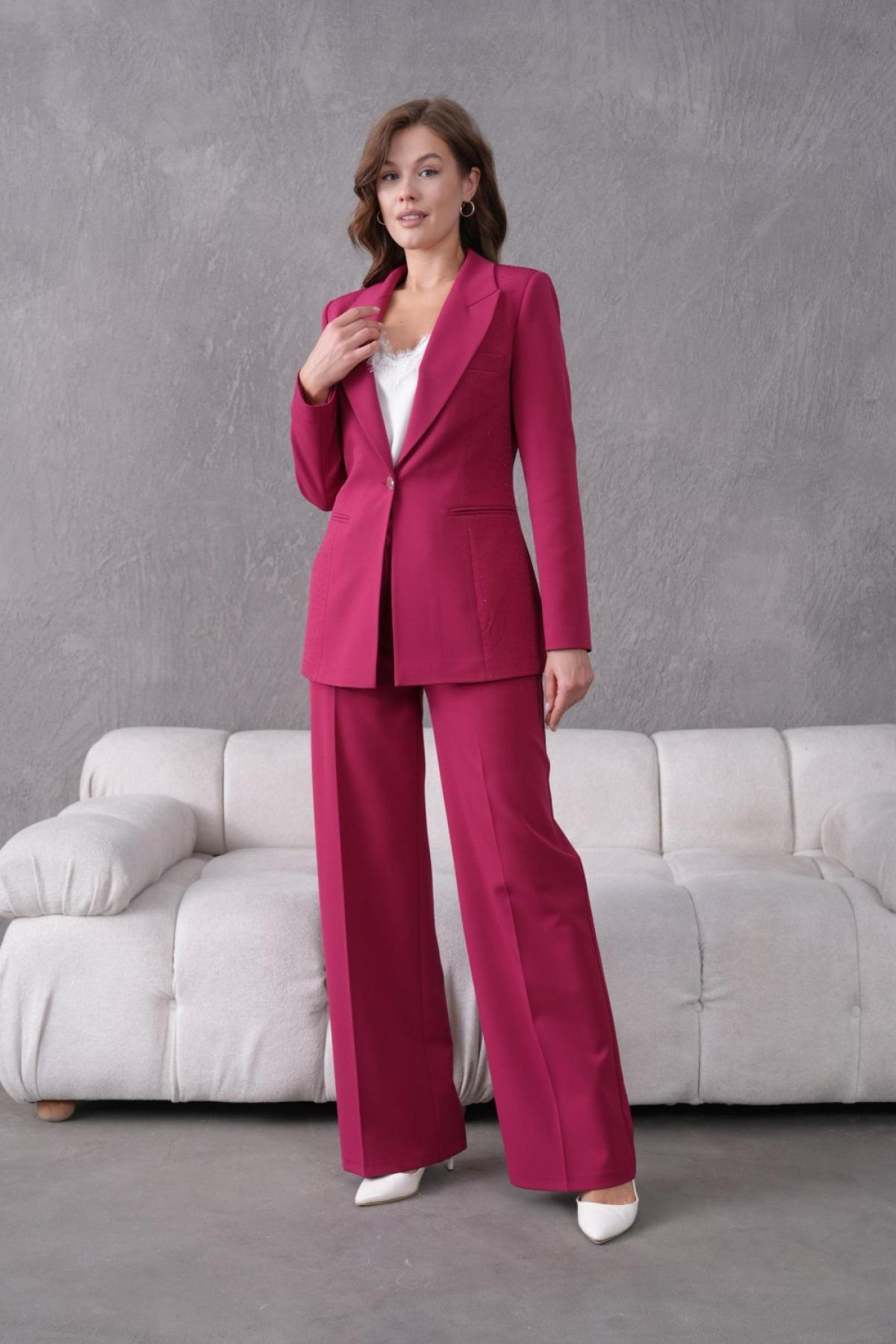 Wholesale Women Small Sizes Fuchsia Rhinestone Embroidered Two Piece Suit  Blazer and Pants Set 737179