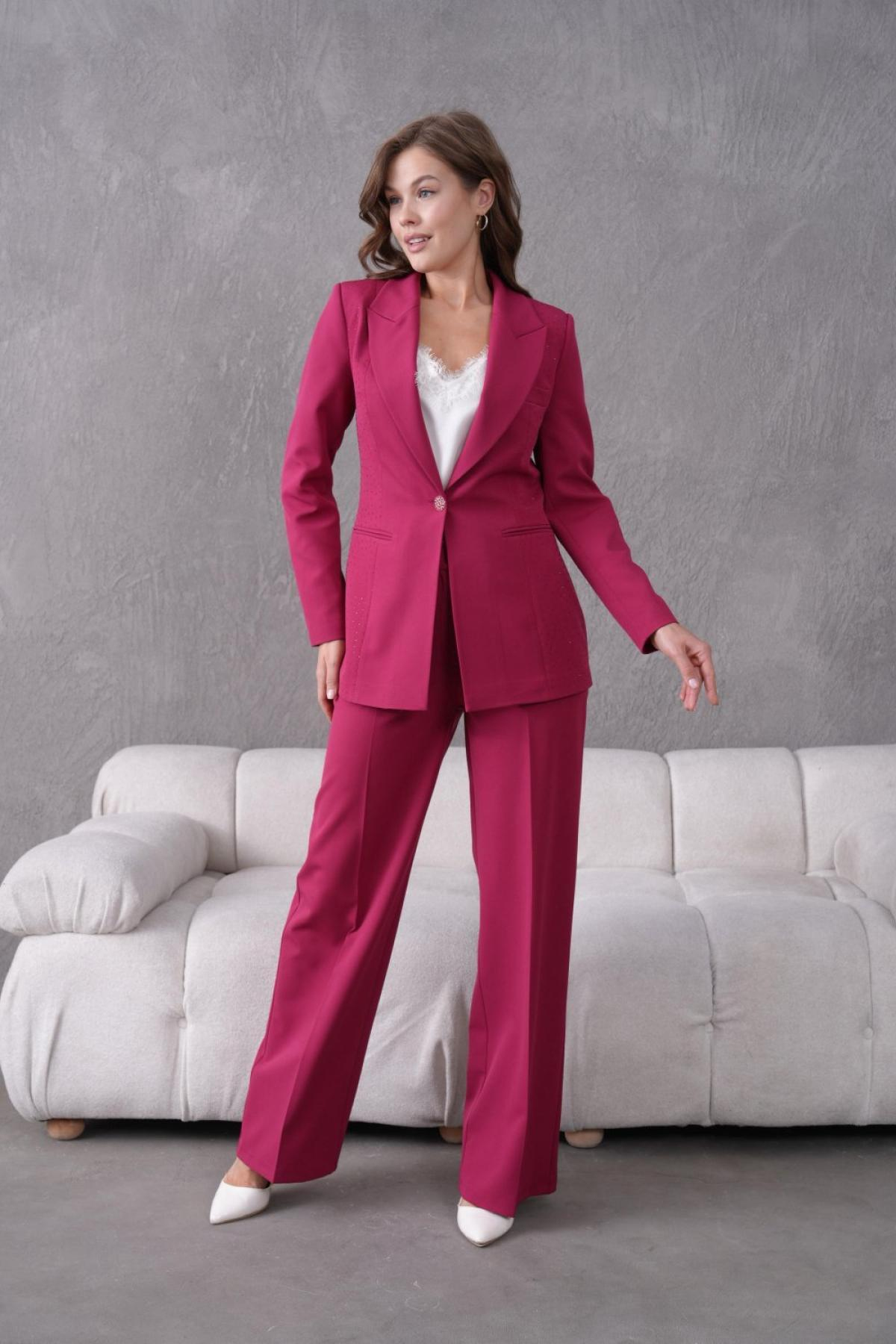 Wholesale Women Small Sizes Fuchsia Rhinestone Embroidered Two Piece Suit  Blazer and Pants Set 737179