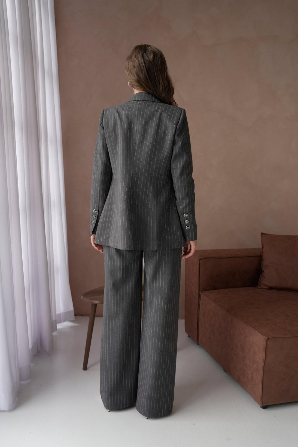 Wholesale Women Small Sizes Gray Striped Patterned Two Piece Suit Blazer and Pants Set 737225