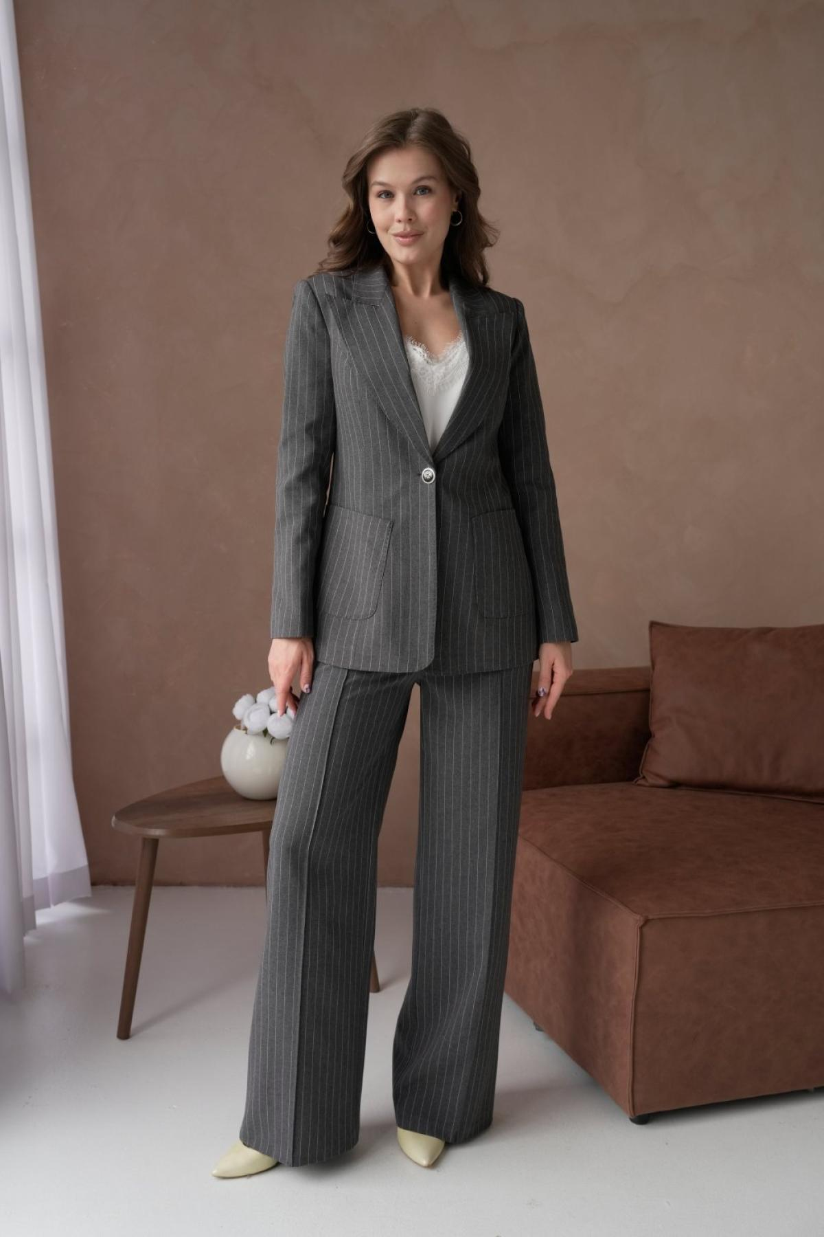 Wholesale Women Small Sizes Gray Striped Patterned Two Piece Suit Blazer and Pants Set 737225