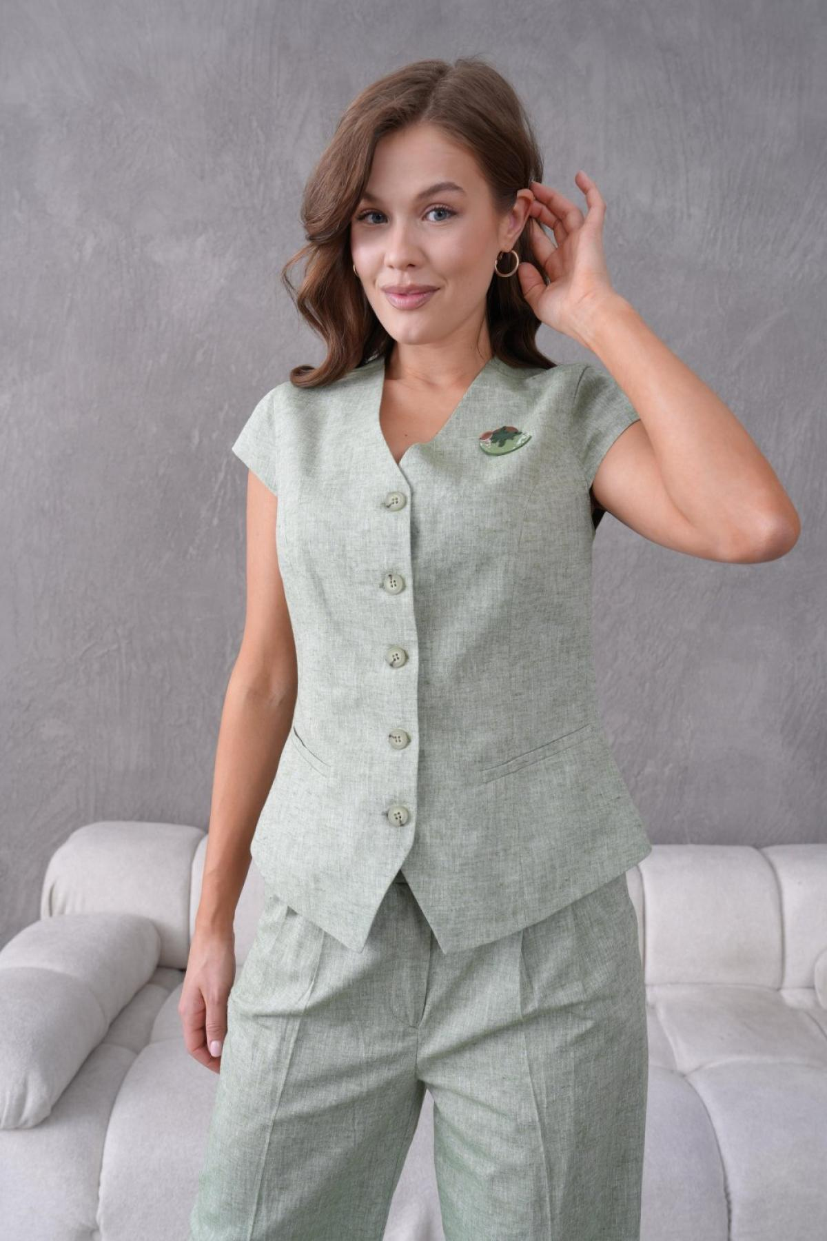 Wholesale Women Small Sizes Green Brooch Linen Two Piece Suit  Vest and Pants Set 737189