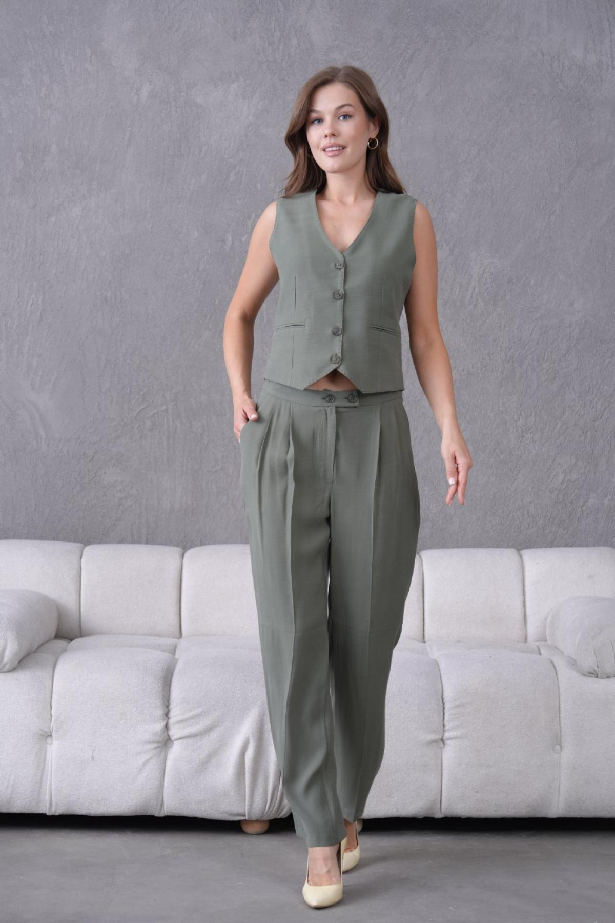 Wholesale Women Small Sizes Khaki Two Piece Suit  Vest and Pants Set 737214