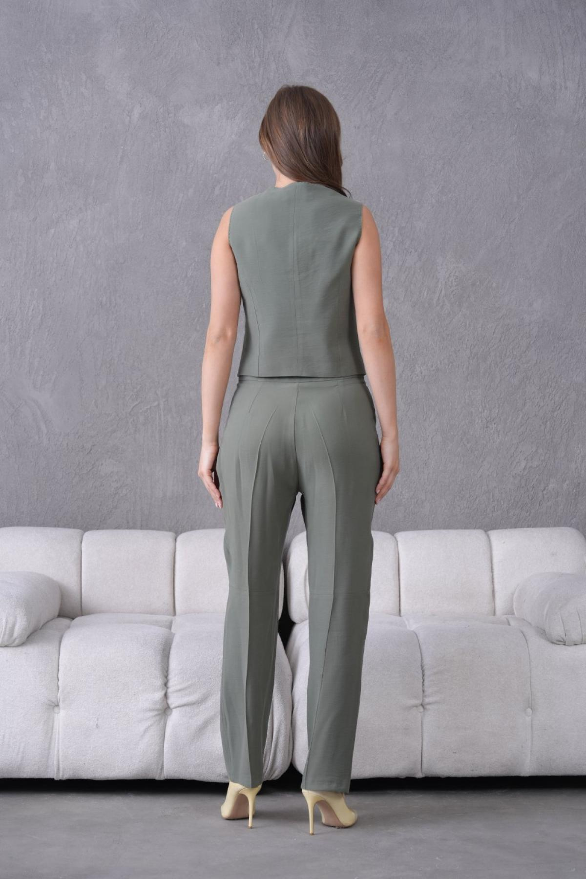 Wholesale Women Small Sizes Khaki Two Piece Suit  Vest and Pants Set 737214