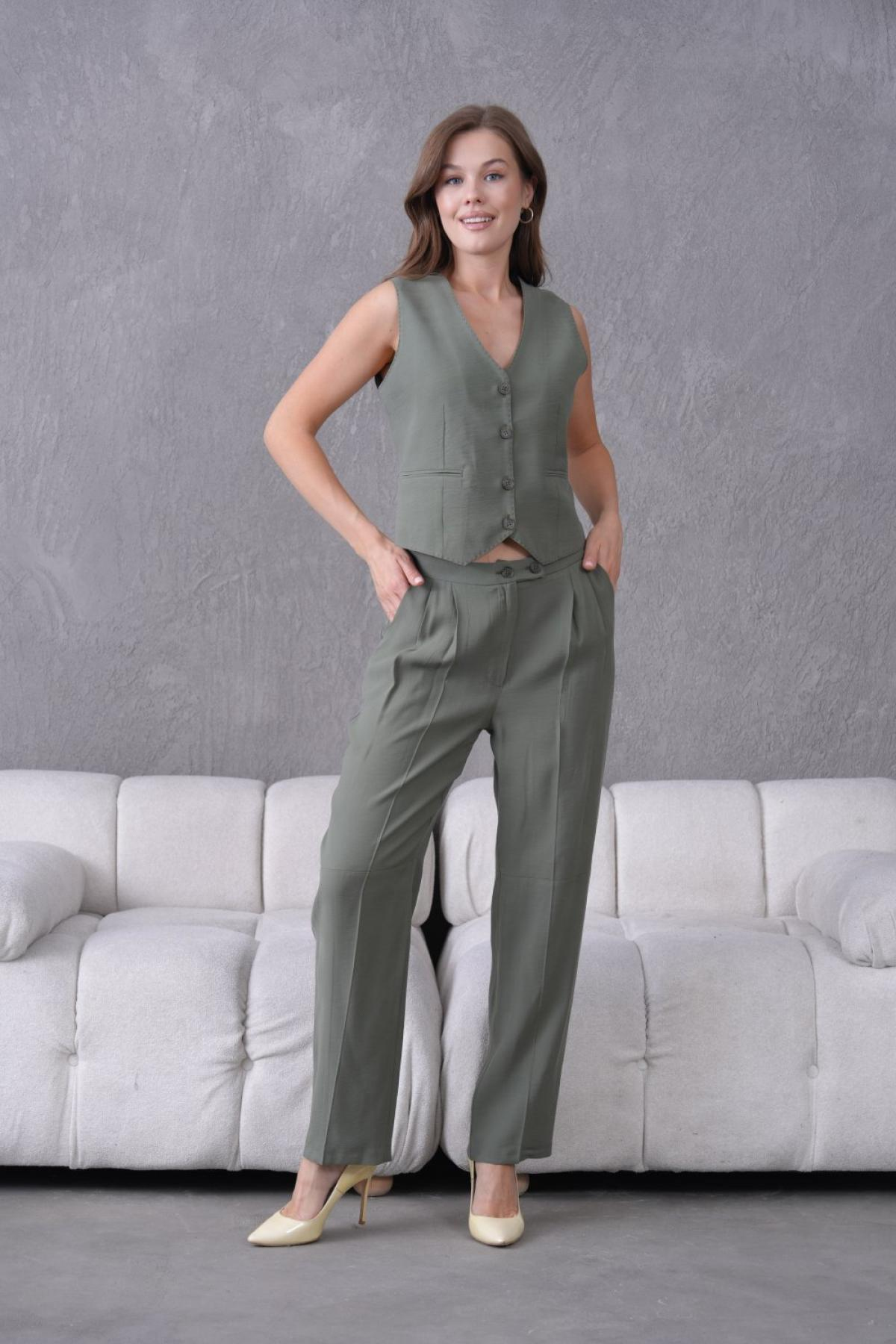Wholesale Women Small Sizes Khaki Two Piece Suit  Vest and Pants Set 737214