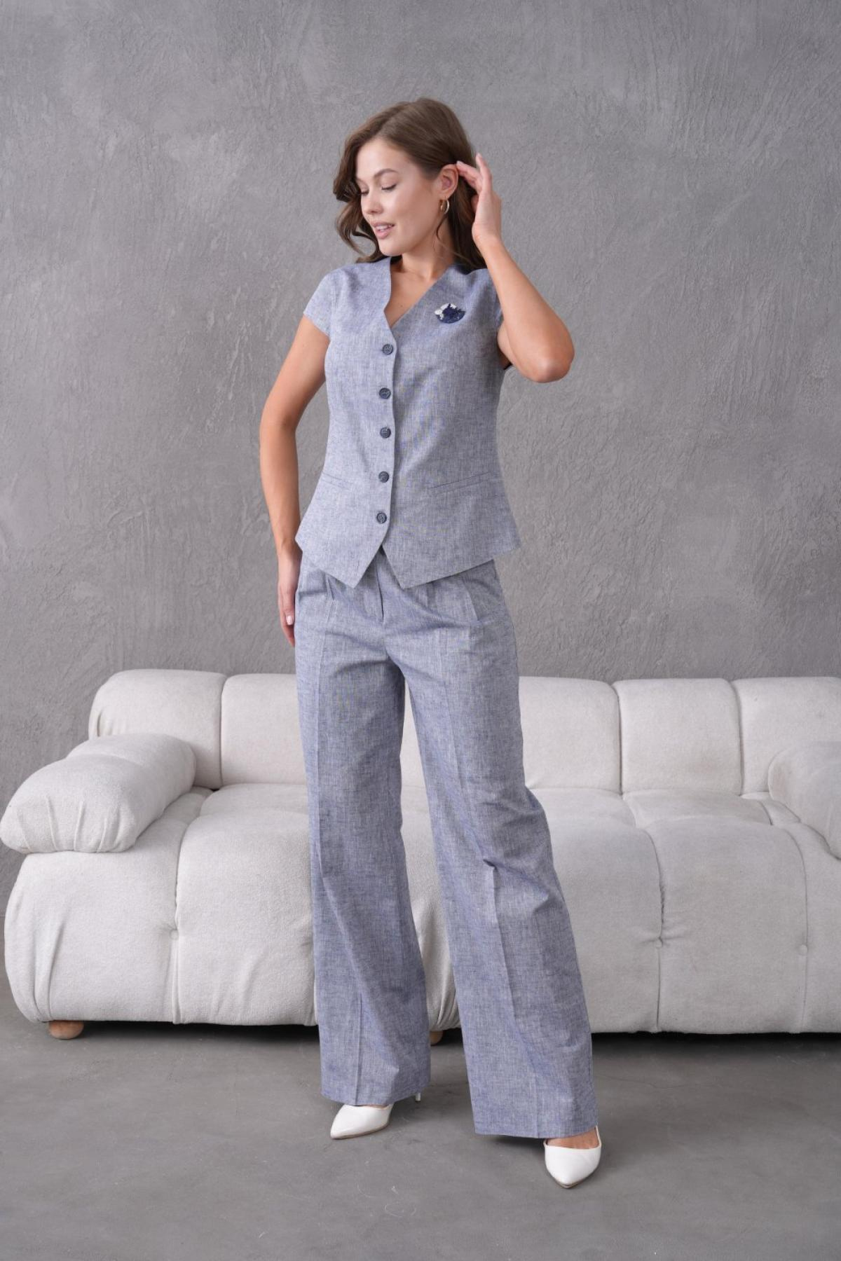 Wholesale Women Small Sizes Navy Brooch Linen Two Piece Suit  Vest and Pants Set 737190