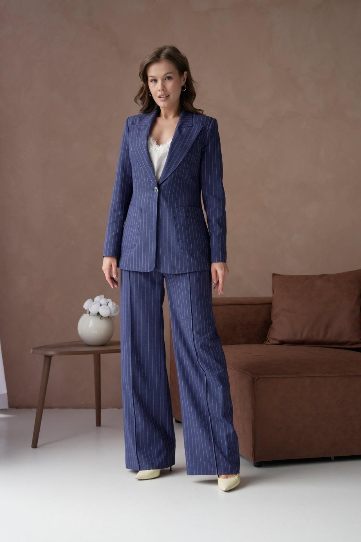 Wholesale Women Small Sizes Navy Striped Patterned Two Piece Suit Blazer and Pants Set 737226