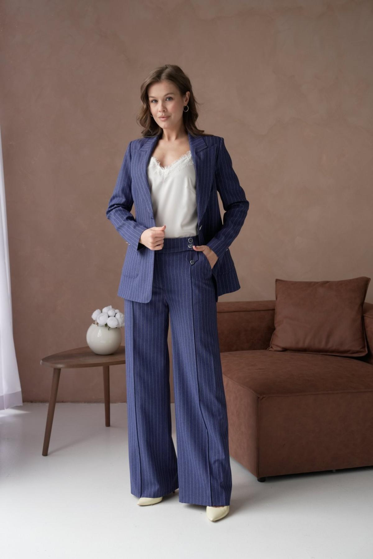 Wholesale Women Small Sizes Navy Striped Patterned Two Piece Suit Blazer and Pants Set 737226