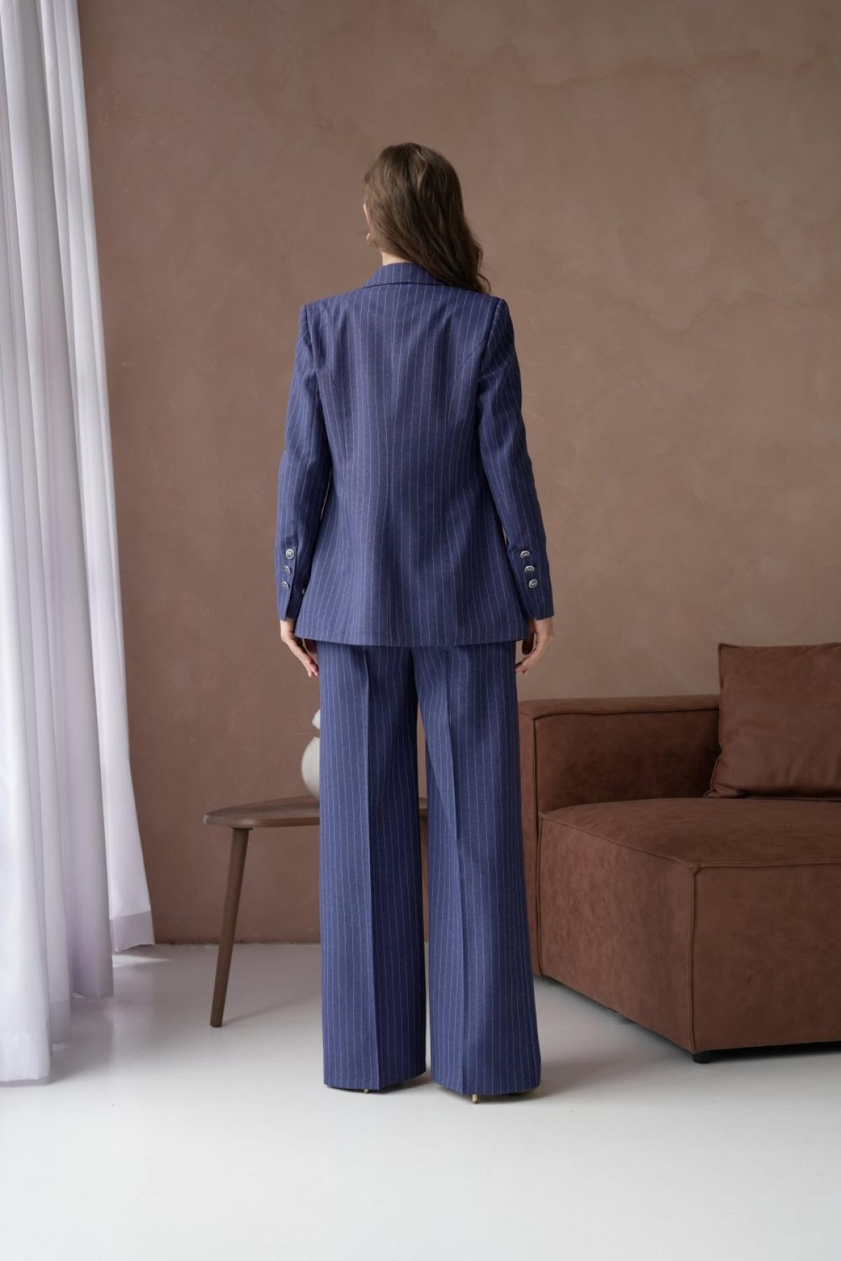 Wholesale Women Small Sizes Navy Striped Patterned Two Piece Suit Blazer and Pants Set 737226