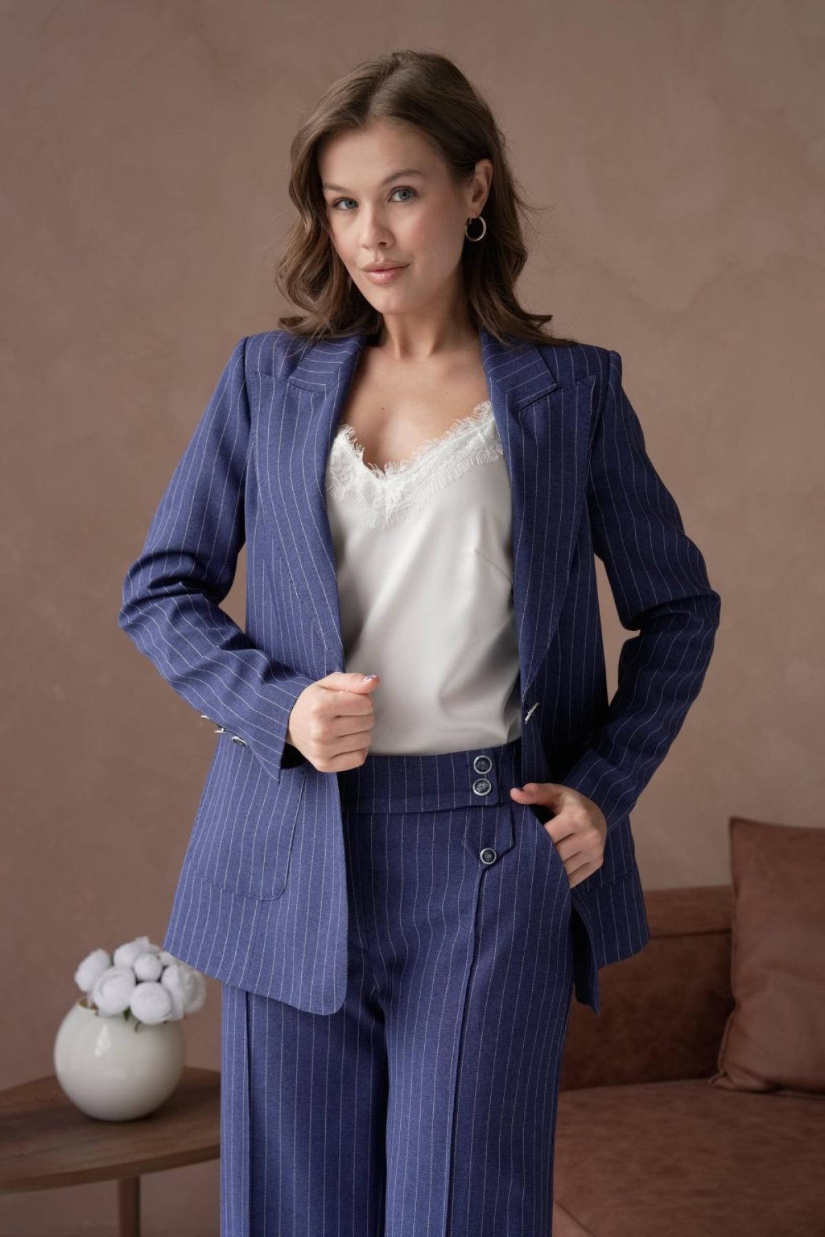 Wholesale Women Small Sizes Navy Striped Patterned Two Piece Suit Blazer and Pants Set 737226
