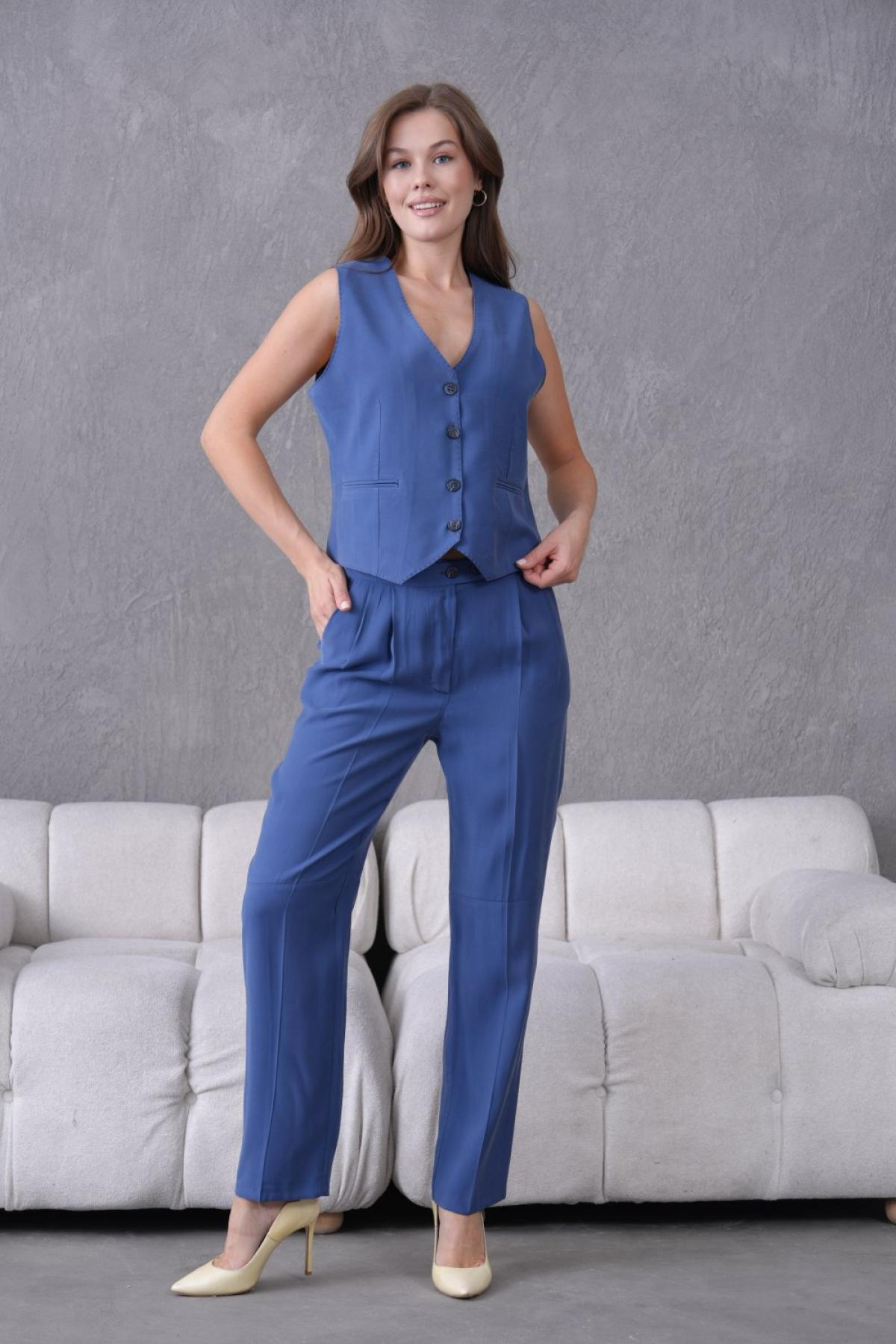 Wholesale Women Small Sizes Sax Blue Two Piece Suit  Vest and Pants Set 737215