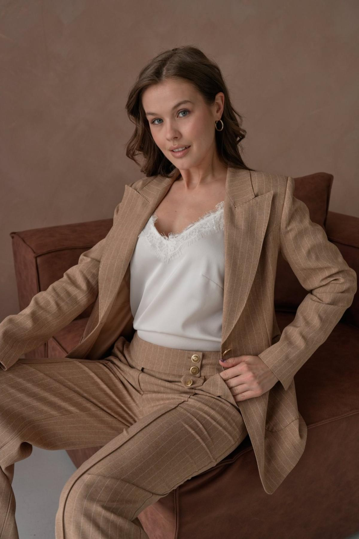 Wholesale Women Small Sizes Tobacco Brown Striped Patterned Two Piece Suit Blazer and Pants Set 737221