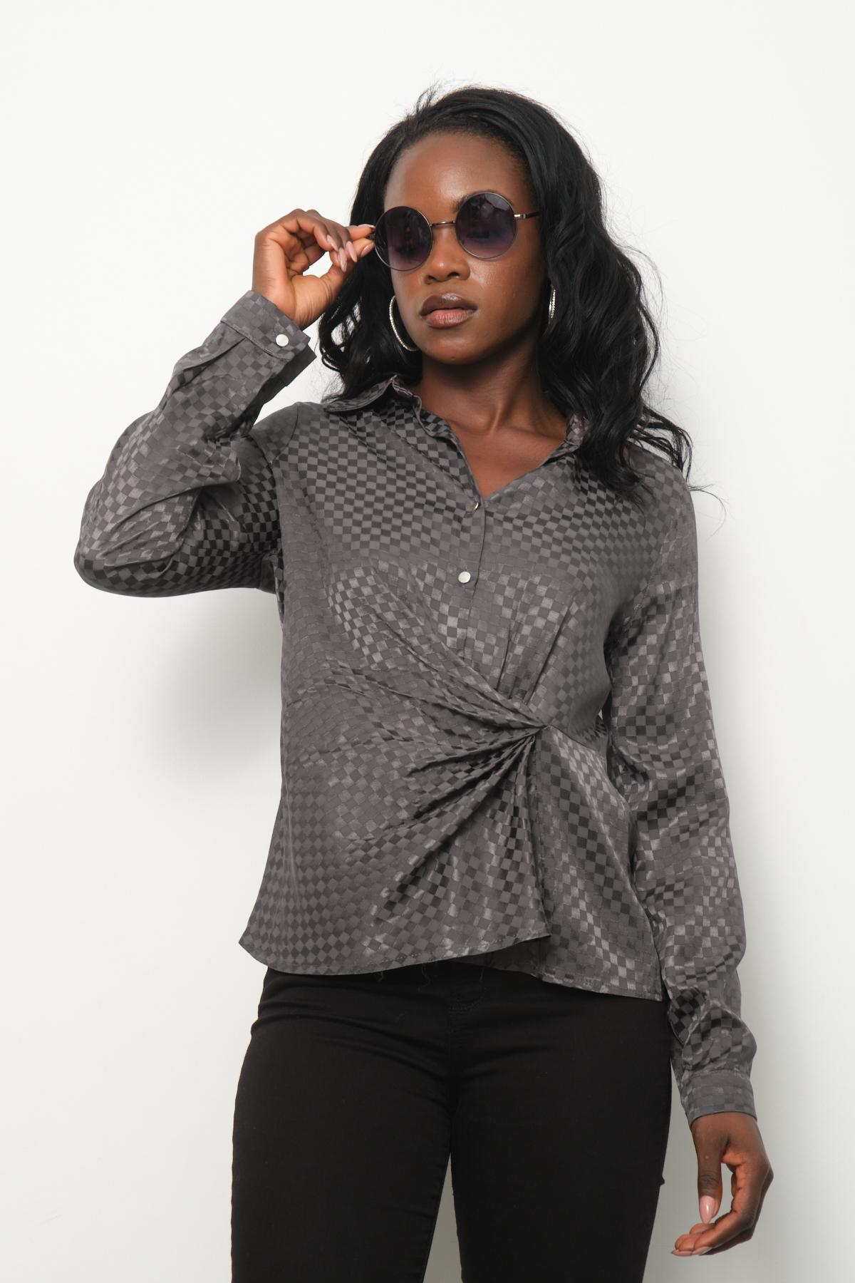 Wholesale Women Smoke Gray Satin Shirt with Gathered Front 713695