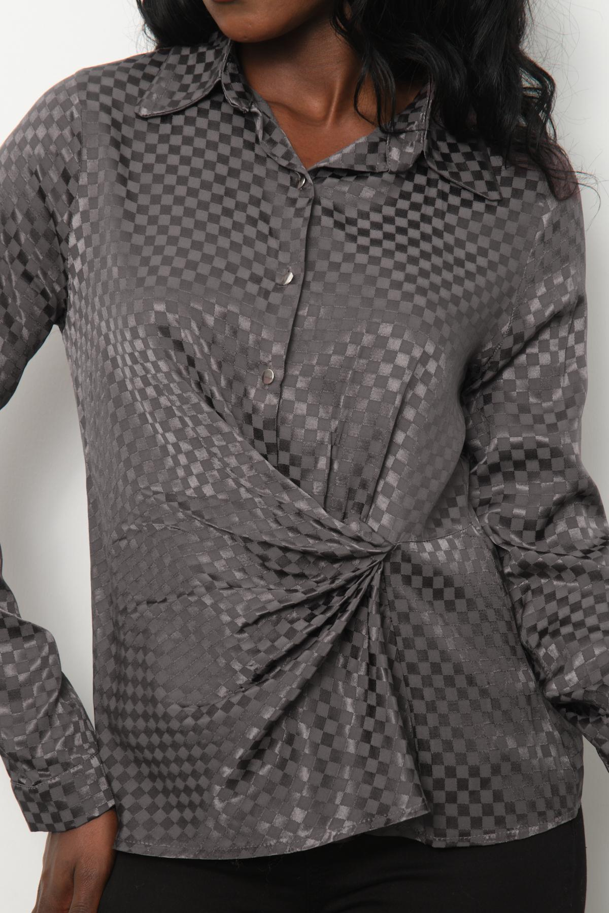 Wholesale Women Smoke Gray Satin Shirt with Gathered Front 713695