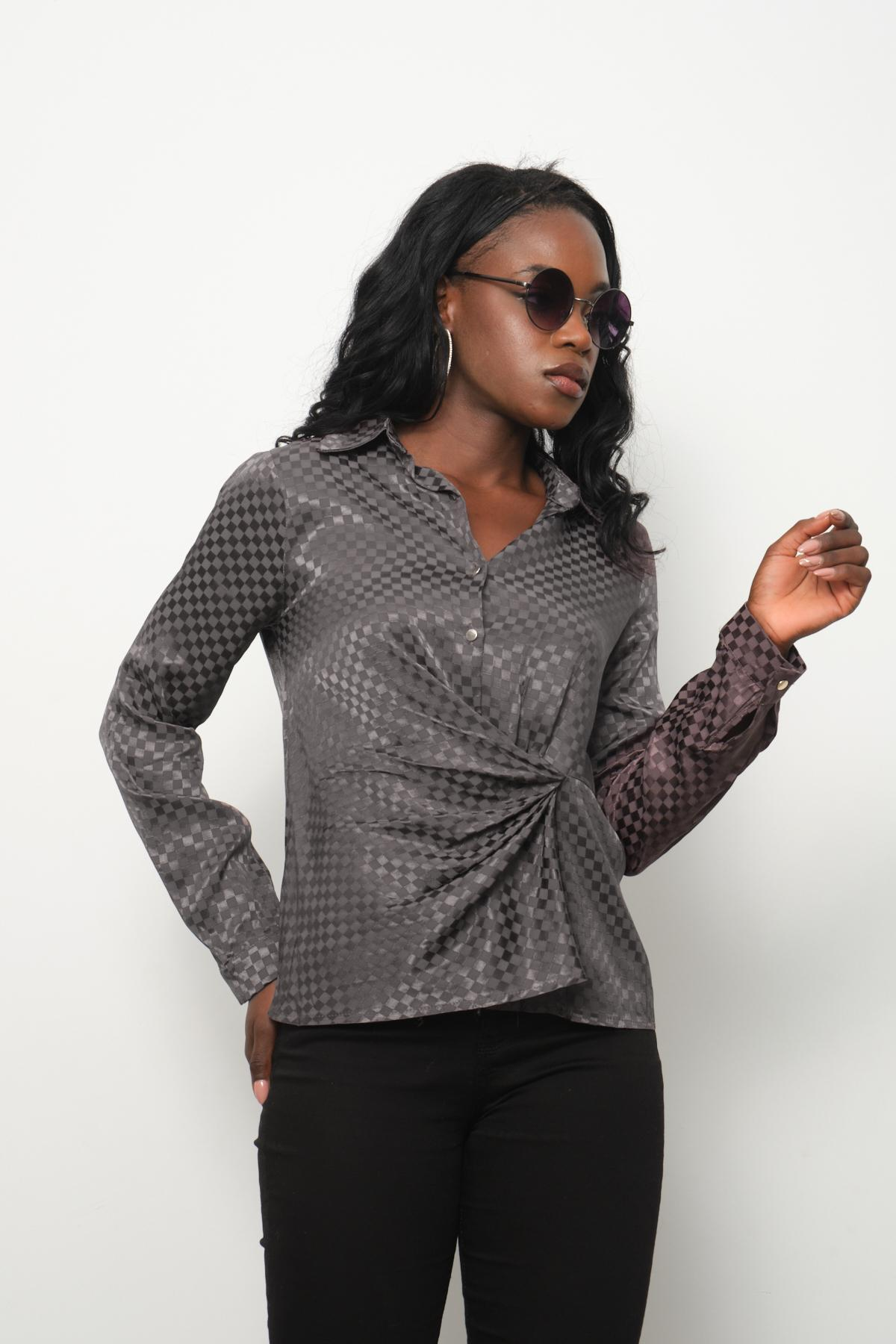 Wholesale Women Smoke Gray Satin Shirt with Gathered Front 713695