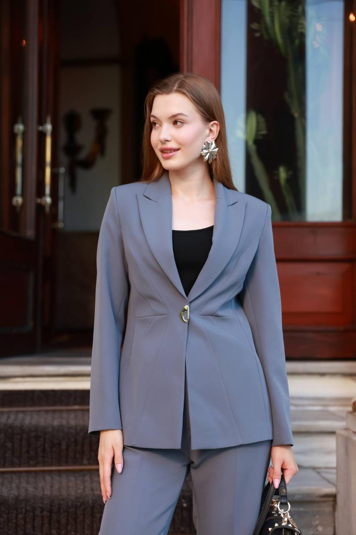 Wholesale Women Smoke Gray Two Piece Suit Blazer and Pants Set 718332